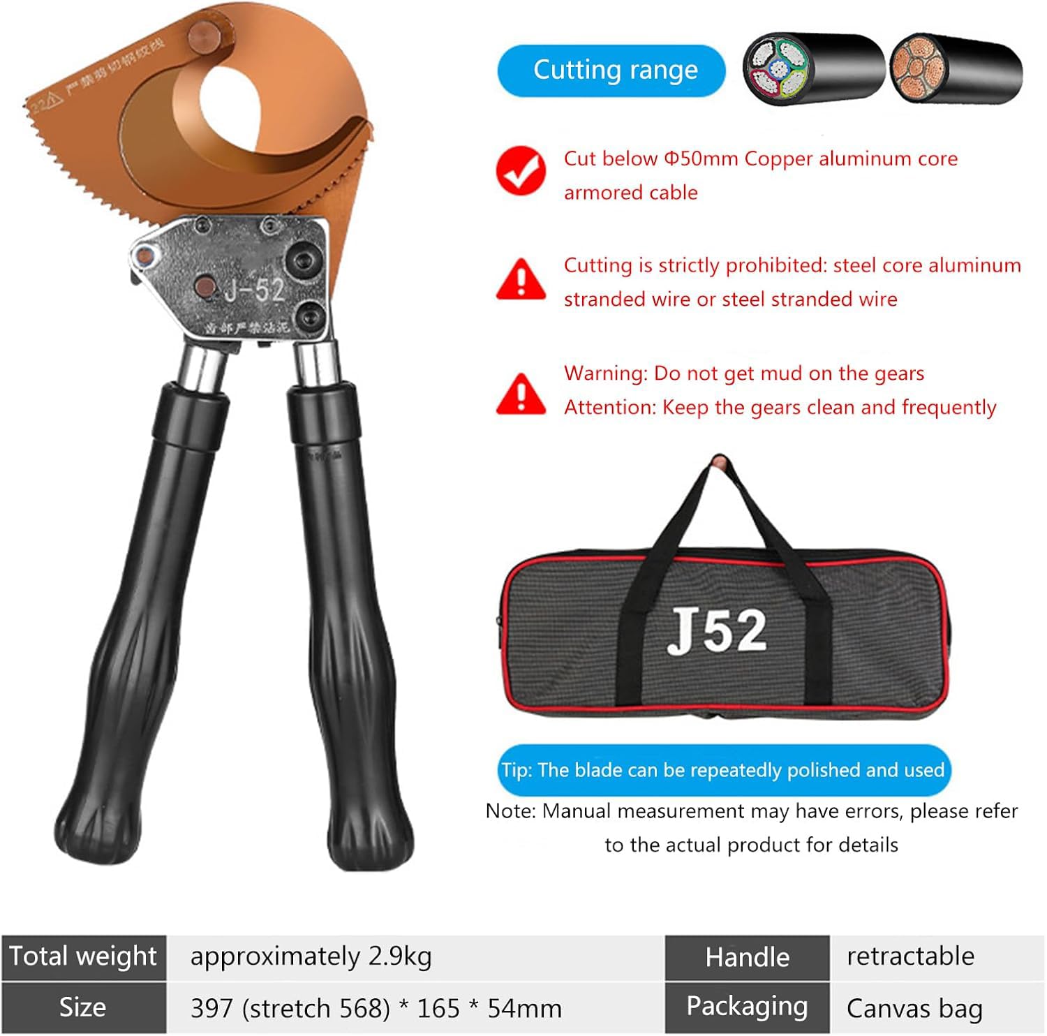 Coupe-Câble à Cliquet Robuste, J52 Coupe-fil en Acier à Ressort, Pince Coupe Cable avec Poignée Rétractable, pour Couper des Câbles Blindés en Cuivre et Aluminium Jusqu'à 500 mm²