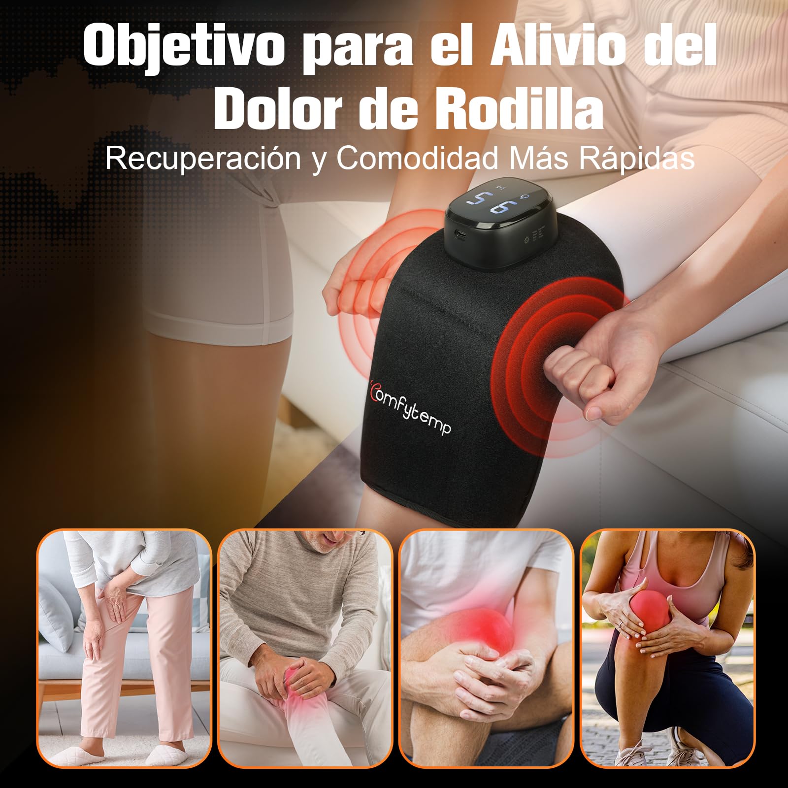 Comfytemp Almohadilla Térmica Inalámbrica para Rodilla, Masajeador 3D de Rodillas, Manta Eléctrica Portátil con 9 Calor 5 Vibración 3 Intensidad con Control APP, san Valentin Regalo