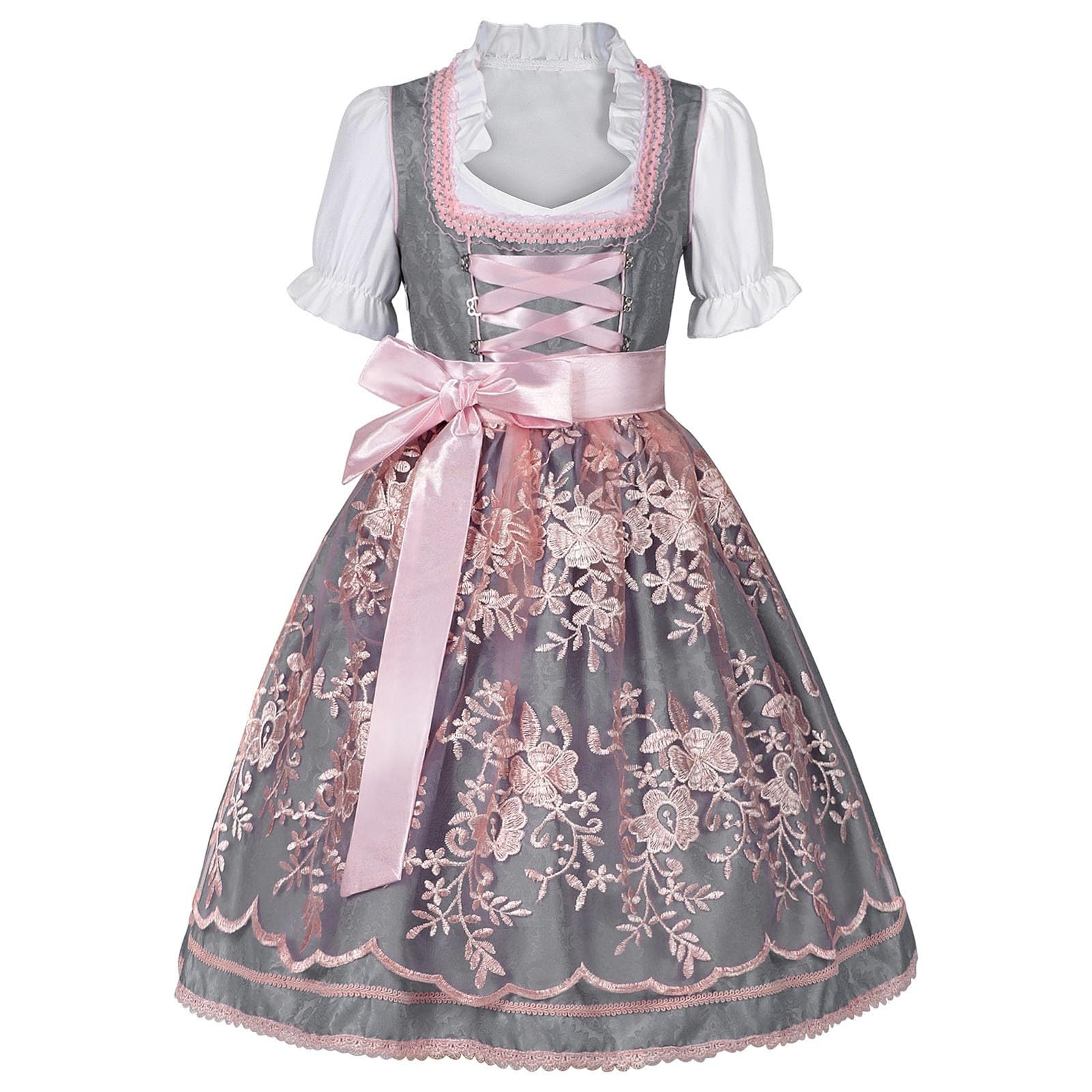 Dirndl Mädchen Outfit, Mädchen Trachtenkleid Spitze Kinder Dirndl mit Spitzenschürze Trachten Kinderdirndl 3-Teiliges Set Elegant Tracht Dirndlkleid Midi für Oktoberfest Besondere Anlässe