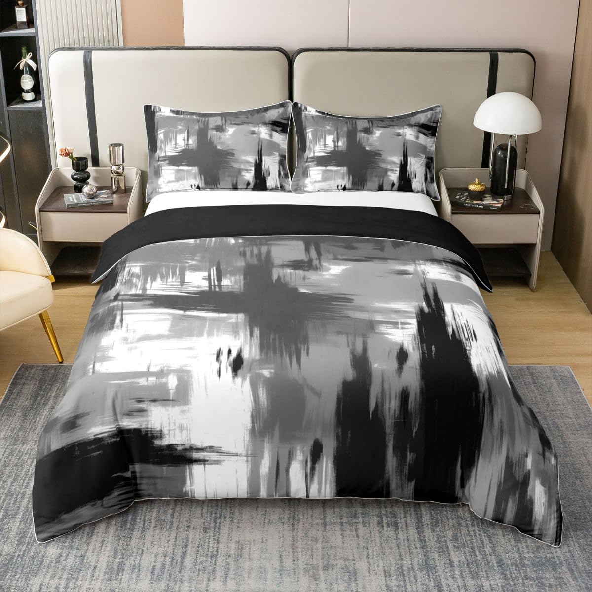 jejeloiu Grey Black White Abstract Duvet Cover 100% Cotton Twin Size Geometric Bedding Set Stripe Line Comforter Cover Set Women Men Ultra Soft Decor