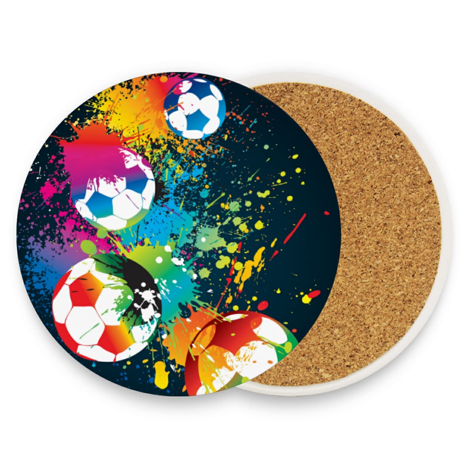 Poeticcity Black Colorful Footballs Spots Dots Paint On 4 Pcs Ceramic Mug Coaster For Drinks, Stone Coasters Holder With Cork Base, Oversize Cup Mat Pad For All Mugs, Housewarming Gift
