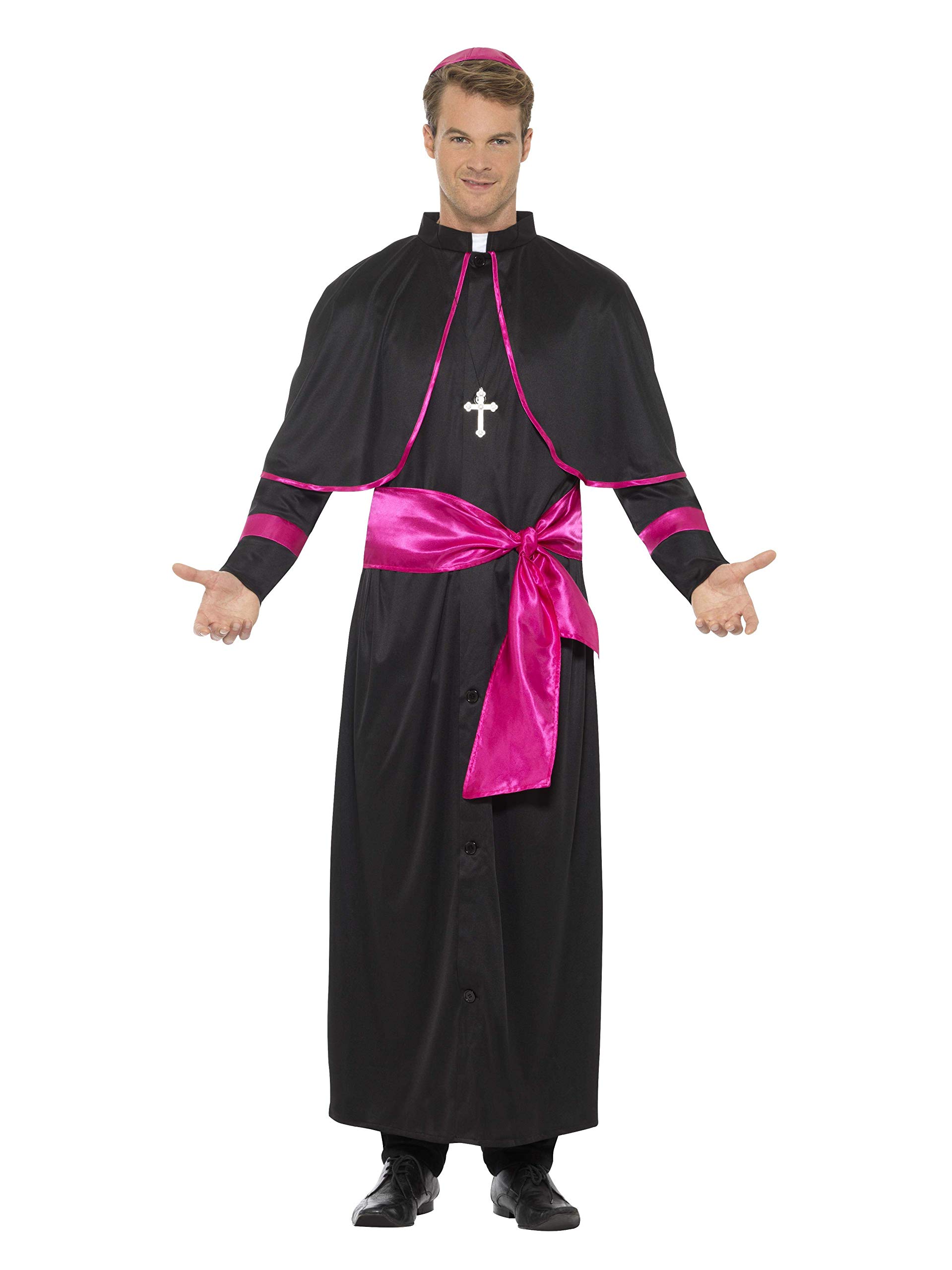 SmiffysCardinal Costume, Black with Robe, Mock Belt, Hat & Cross Necklace, Saints and Sinners Fancy Dress, Adult Dress Up Costumes