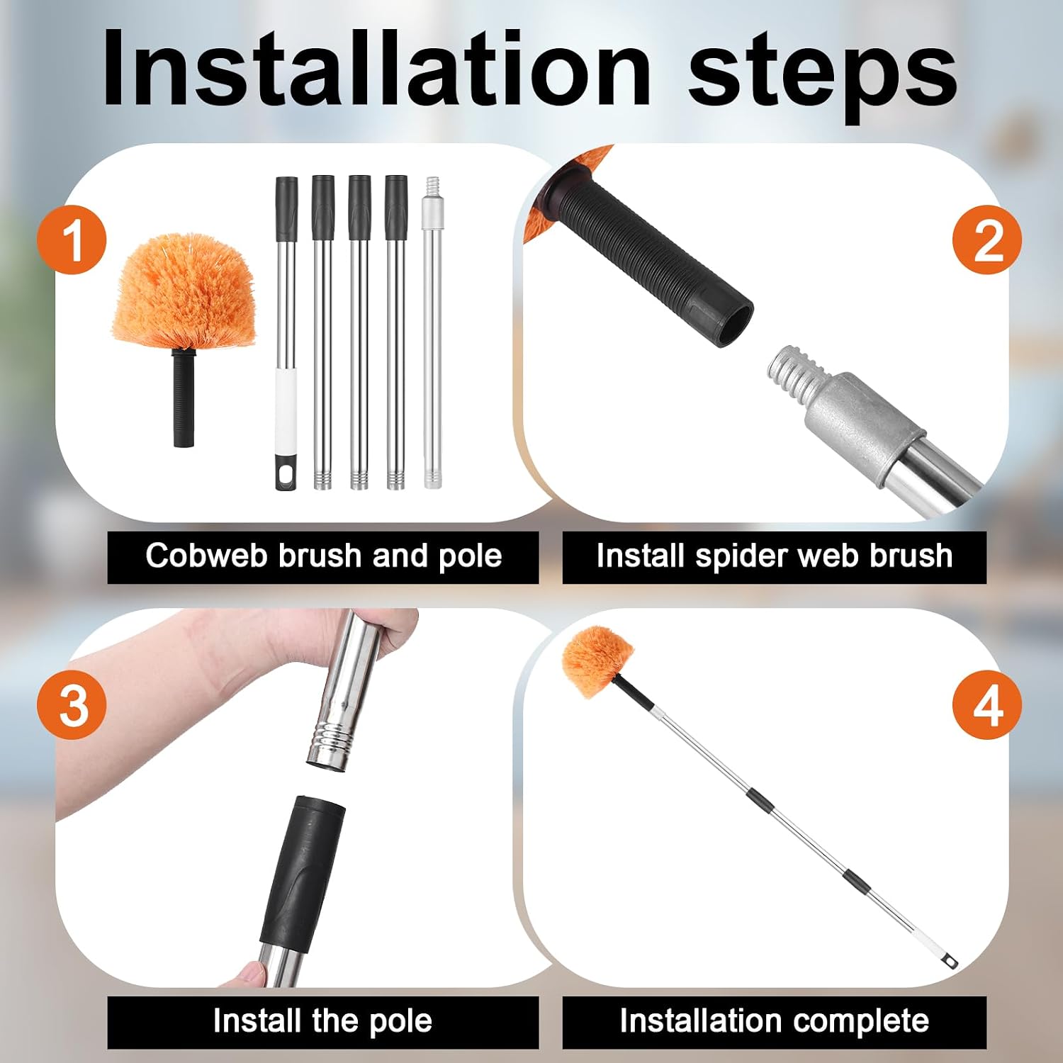 Cobweb Duster with Extension Pole - 6 FT Lightweight Stainless Steel Adjustable Duster Ceiling Fan Duster for High Ceilings, Medium Stiff PET Bristle Spider Web Brush for Indoor/Outdoor Cleaning