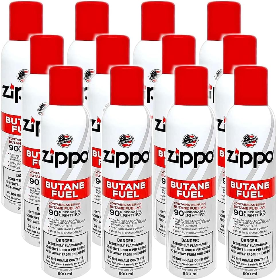 Zippo Butane Fuel 5.82oz Refill for up to 90 Lighters, 290 ml, 12 Pack