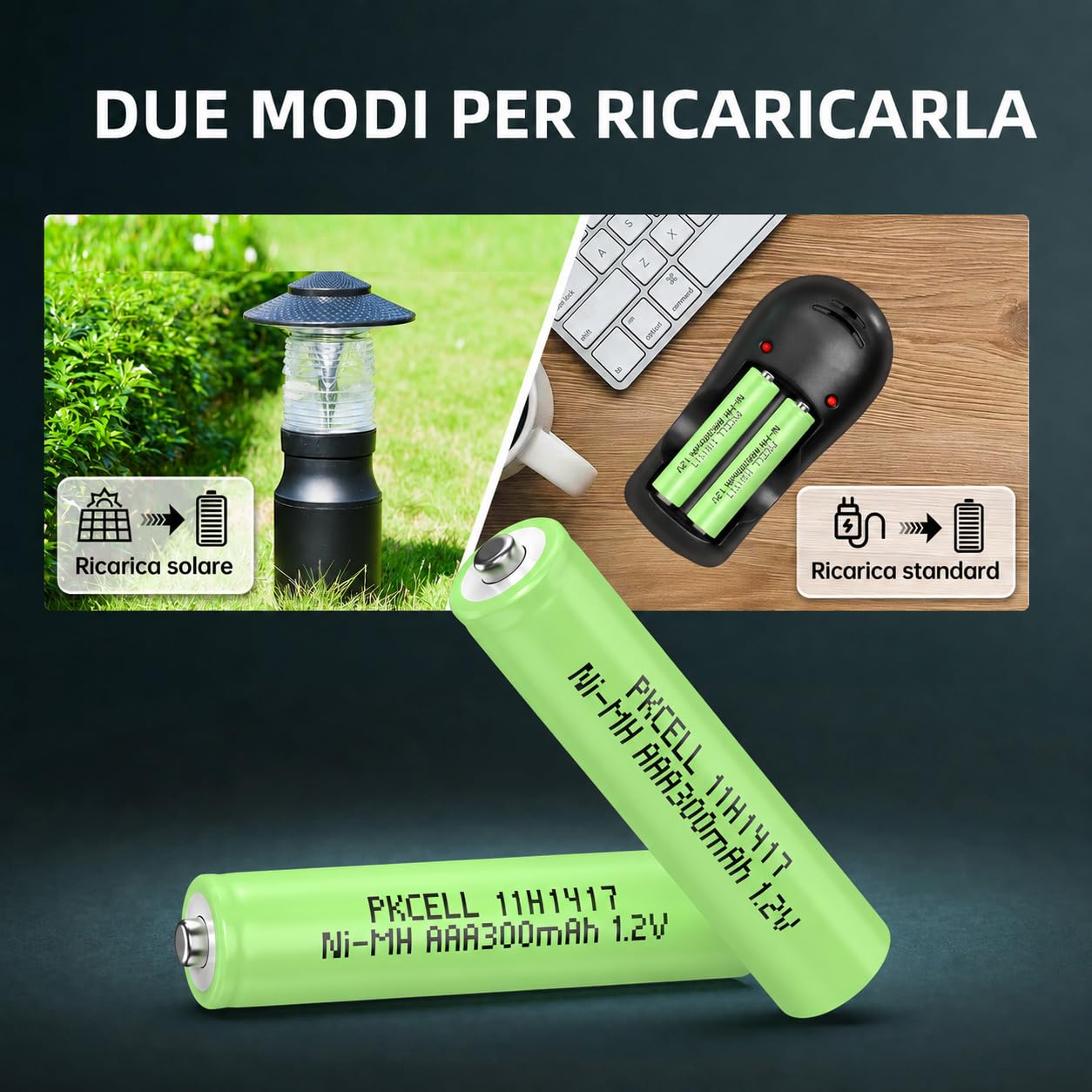 PKCELL Batteria ricaricabile AAA 300 mAh NI-MH 1,2 V, batteria precaricata per lampada solare da giardino, 4 pezzi
