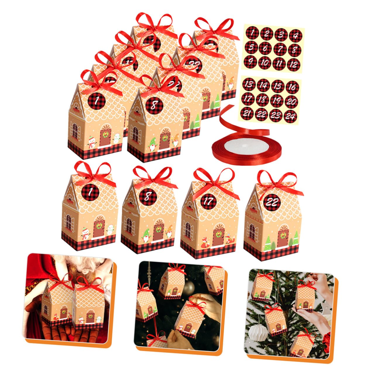 LOLIPPYY 24 Sacchetti Regalo di Natale in Cartone Spesso Nastro Rosso e Adesivi Numerici Contenitori per Caramelle e Bomboniere Natalizie Confezioni Fai da Te per Feste e Regali di