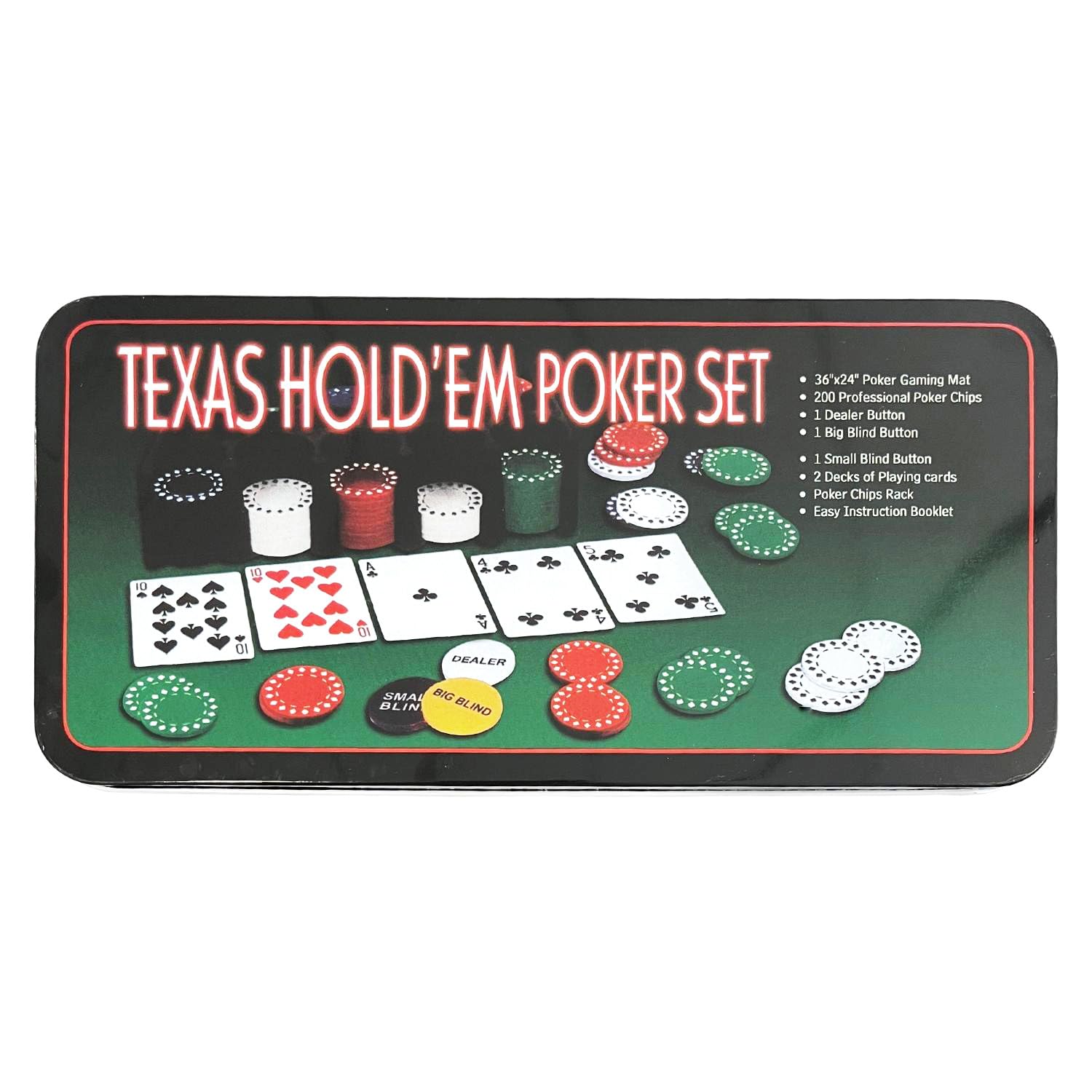 AUTOZOCO Set de Póker, Juego de póker Completo, Juego de Blackjack, Incluye 200 fichas, 2 Barajas de Cartas, botón de repartidor, ciega pequeña, Gran ciega, tapete de Juego, Caja metálica