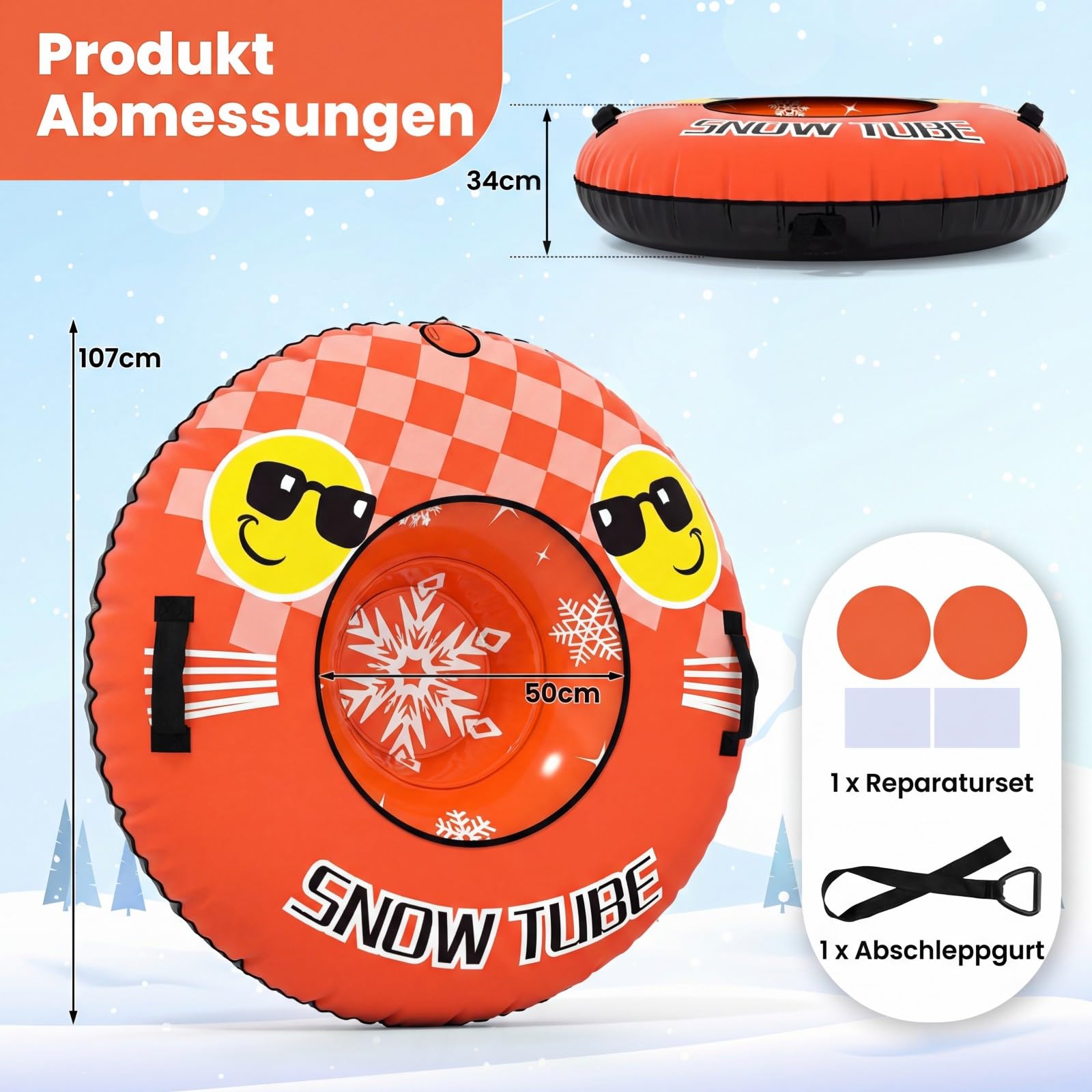 COSTWAY Aufblasbarer Schneereifen mit Schleppleine, 107 cm Snowtube, aufblasbarer Schlitten mit Griffen, Rodelreifen für Kinder und Erwachsene (Orange)