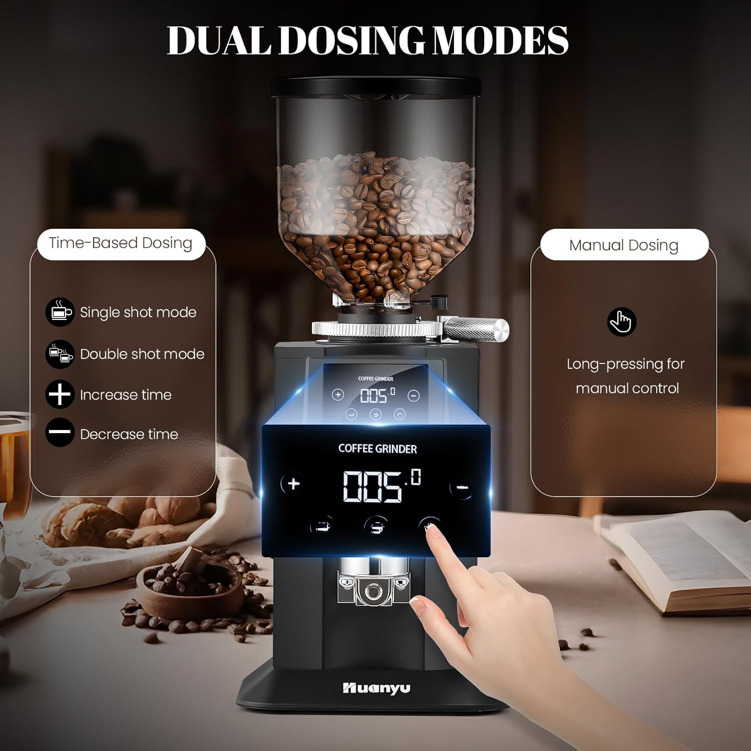 Huanyu Professional Coffee Grinder with 74mm Flat Burr 53ounce Bean Hopper 15 Infinite Grinding Settings Electric Coffee Grinder with Touching Screen Black