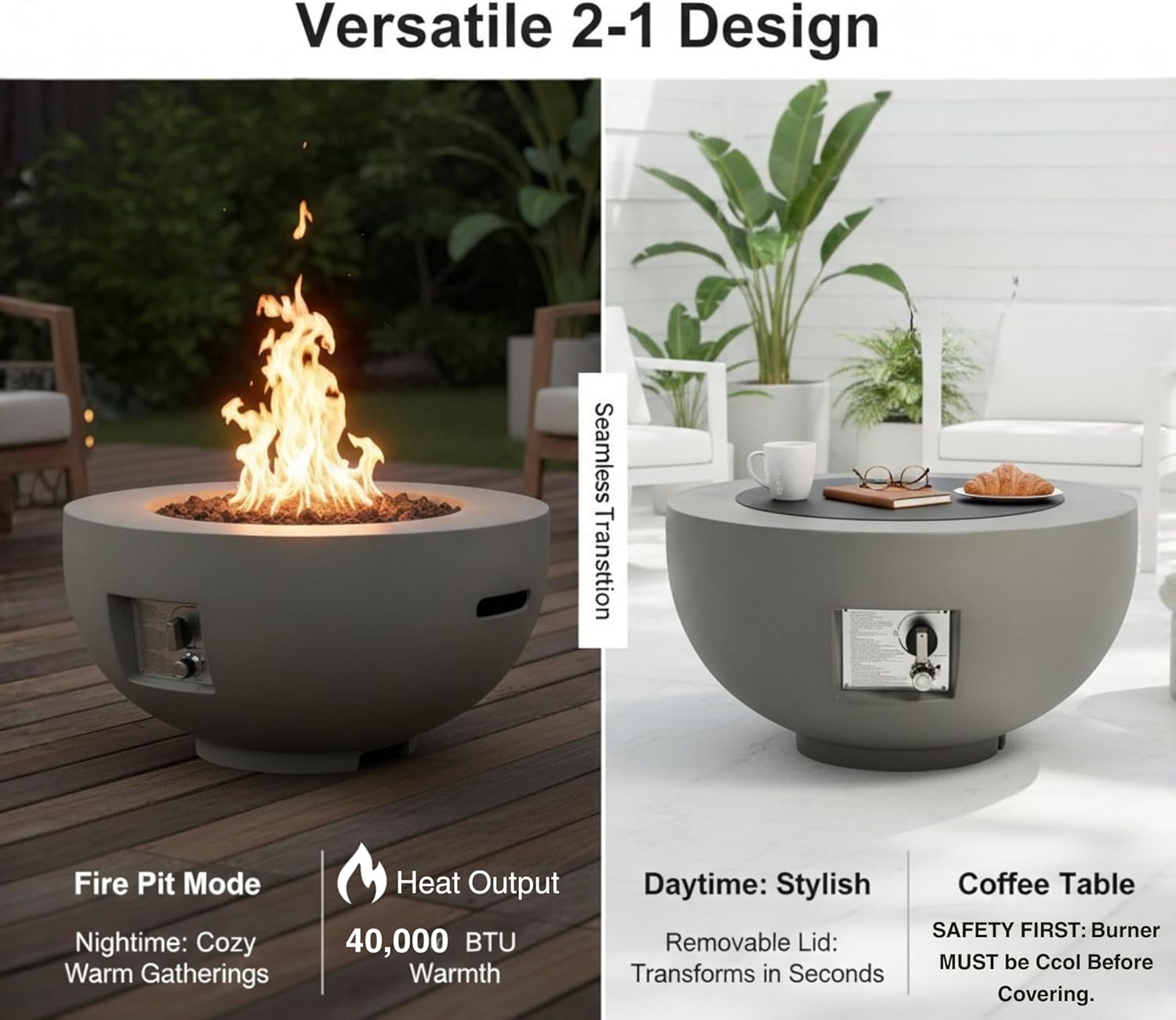 28" Propane Fire Pit Table, Outdoor Gas Firepit with Tank Cover Table & 10ft Hose, 40,000 BTU Lightweight Concrete Round Fire Bowl with Waterproof Cover, Lava Rocks & Burner Lid, Light Gray