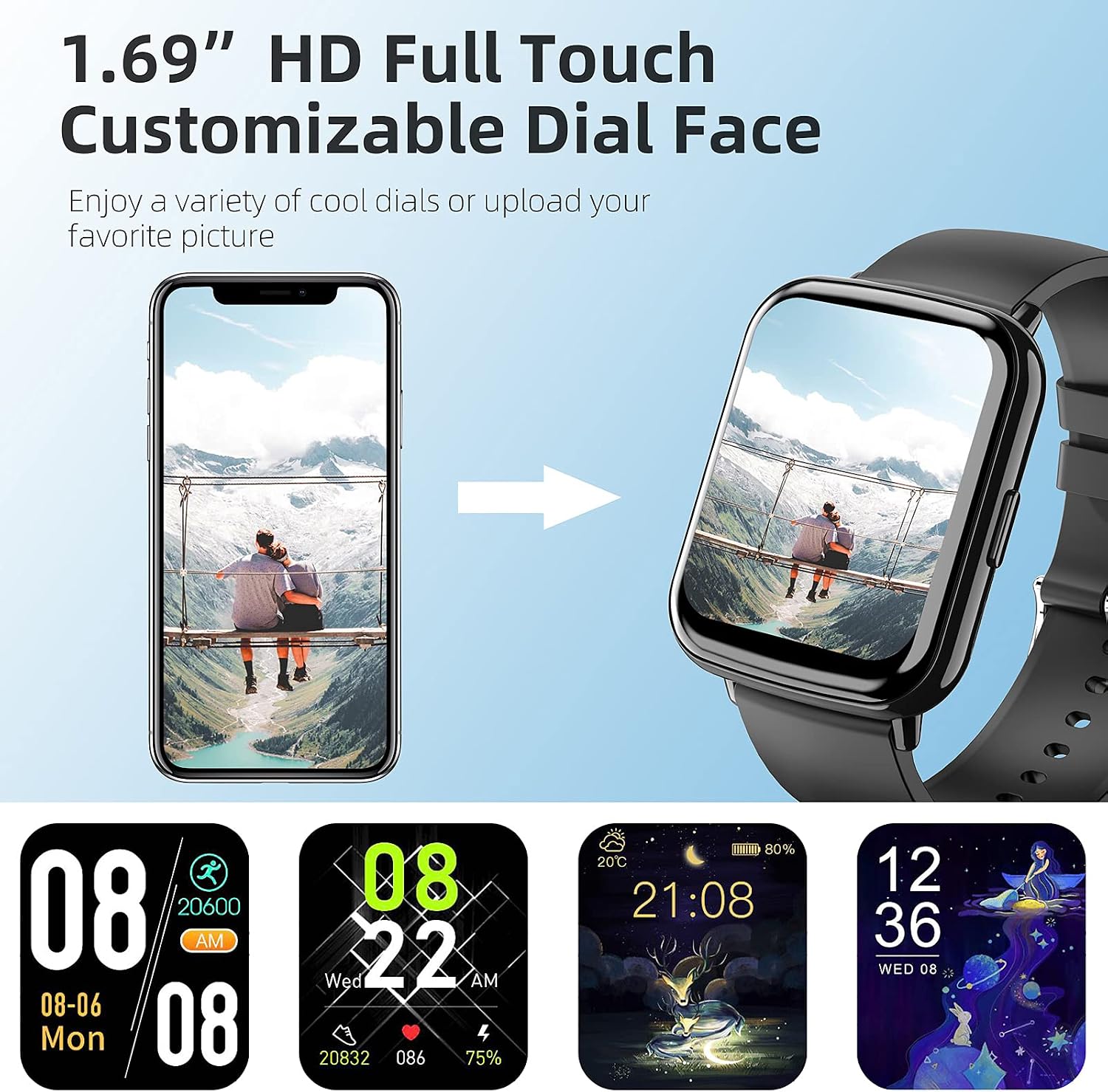 Smart Watch for Android Phones and iOS Compatible iPhone Samsung Men Women 1.69 HD Screen Oxygen Heart Rate Monitor IP68 Waterproof Smartwatch Fitness Tracker Fitness Watch