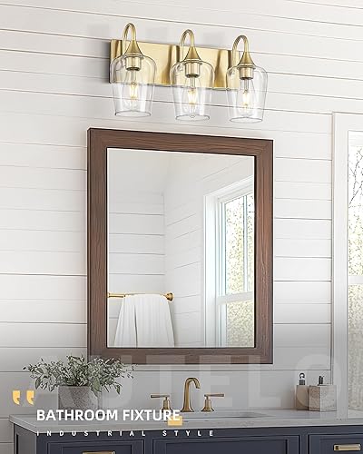 Miniatura 7 de AUTELO V9350-3 BG - Luces de tocador, 3 lámparas de baño en acabado dorado cepillado con copa de vino transparente, luces doradas para baño,