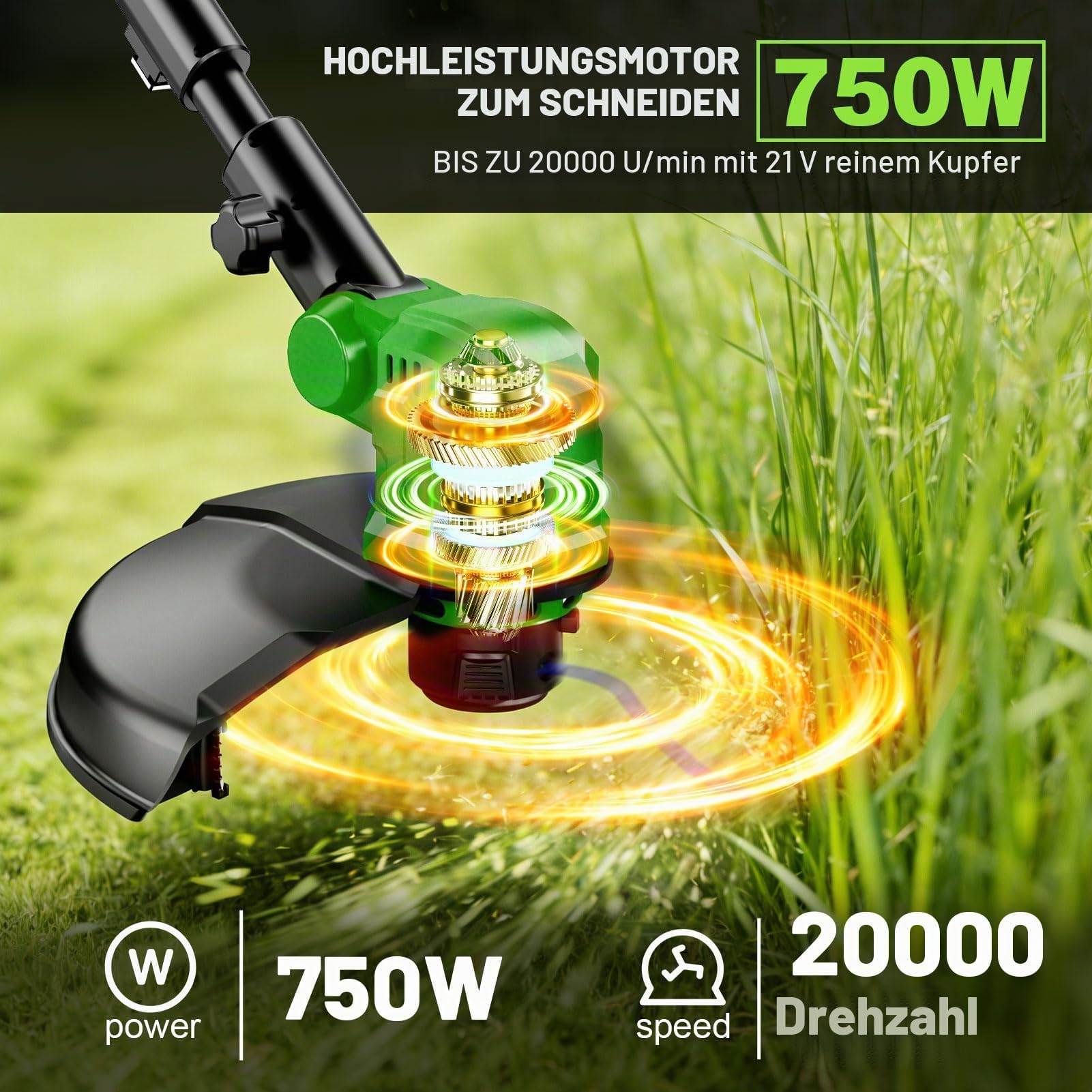 Rasentrimmer mit Rad 14 Zoll,Akku-Rasentrimmer mit 2×3,0 Ah Batterie und Ladegerät,20.000 U/min,4-in-1 Freischneider mit 800W Bürstenloser Motor,8 Ersatzspulen für Garden Trimmen,Höfe