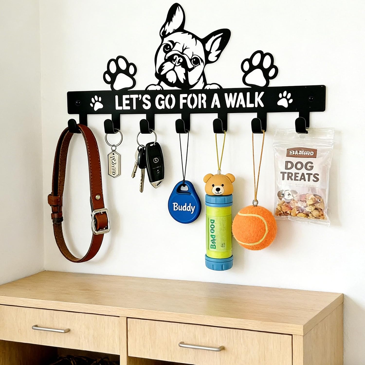 French Bulldog Leash Holder for Wall, Entryway Key Rack, Wall Key Holder & Key Hanger, Black Dog Leash Hooks for Front Door, French Bulldog Decor Accessories Gift, Dog Storage