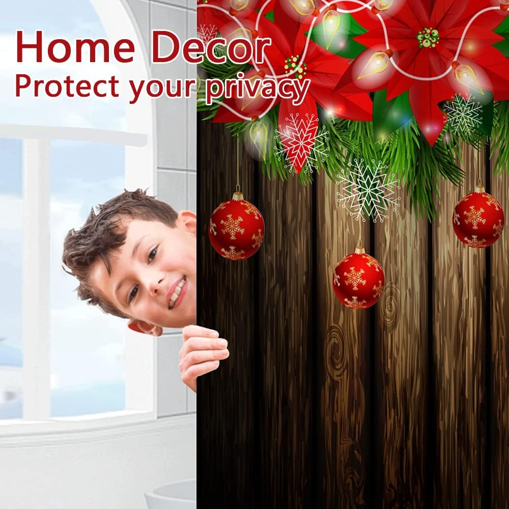 Western Christmas Shower Curtain with Hooks Farmhouse Xmas Balls Red Flowers and Green Leaves Rustic Plank Design Print Winter Holiday New Year Bathroom Decorative Shower Curtain, 72x72 Inch