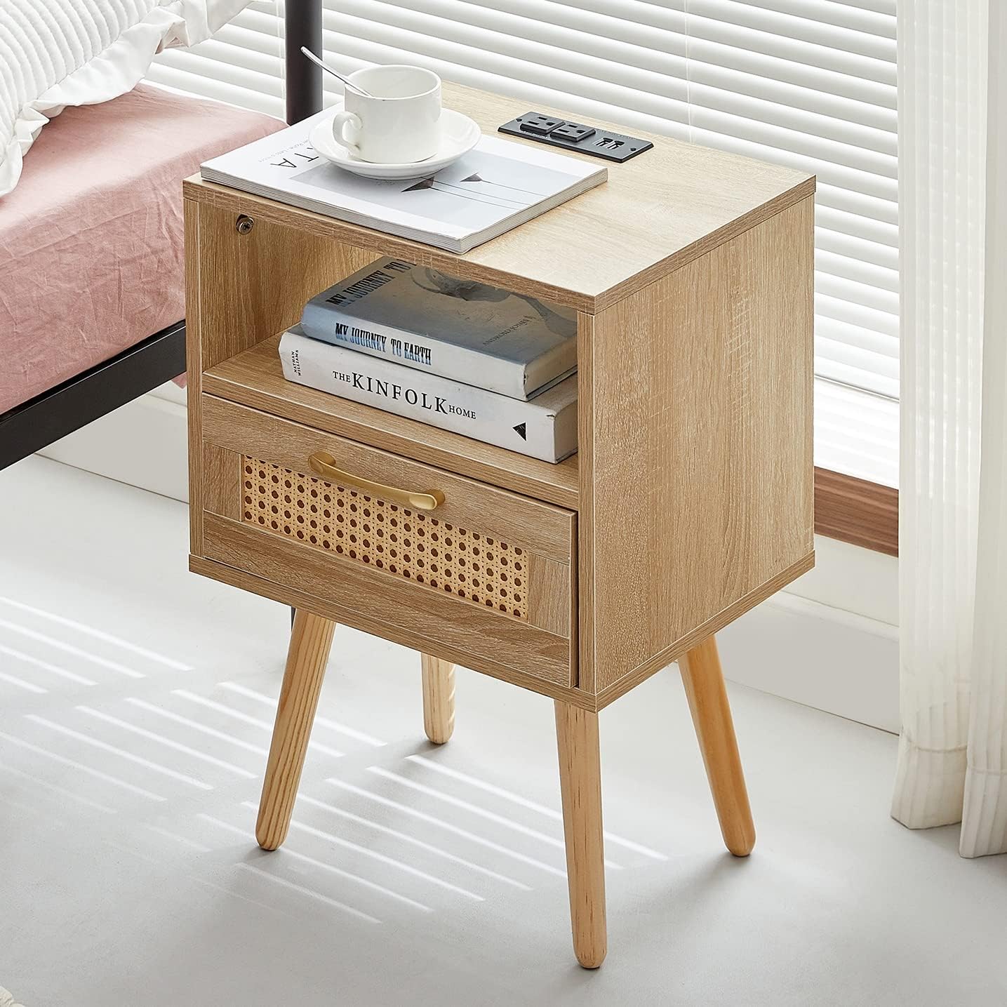 Nightstand with Charging Station, Wood End Table Side Table with USB Ports and Outlets, Night Stand with Rattan Drawer for Bedroom, Natural