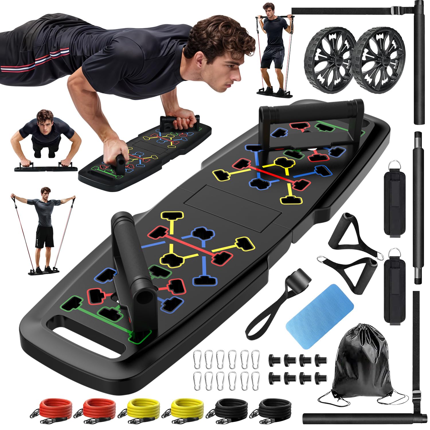 Push Up Board,Home Gym,Portable Exercise Equipment,Pilates Bar and 20 Fitness Accessories with Resistance Bands and Ab Roller Wheel,Full Body Workout at HomePush Up Board,Home Gym,Portable Exercise Eq…