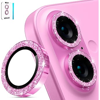 imluckies For iPhone 16 - iPhone 16 Plus Camera Protection Glitter AR+AF Tempered Glass & 9H Anti-Scratch Metal Aluminium Alloy HD Clear Camera Lens Protective Film - Bling Pink