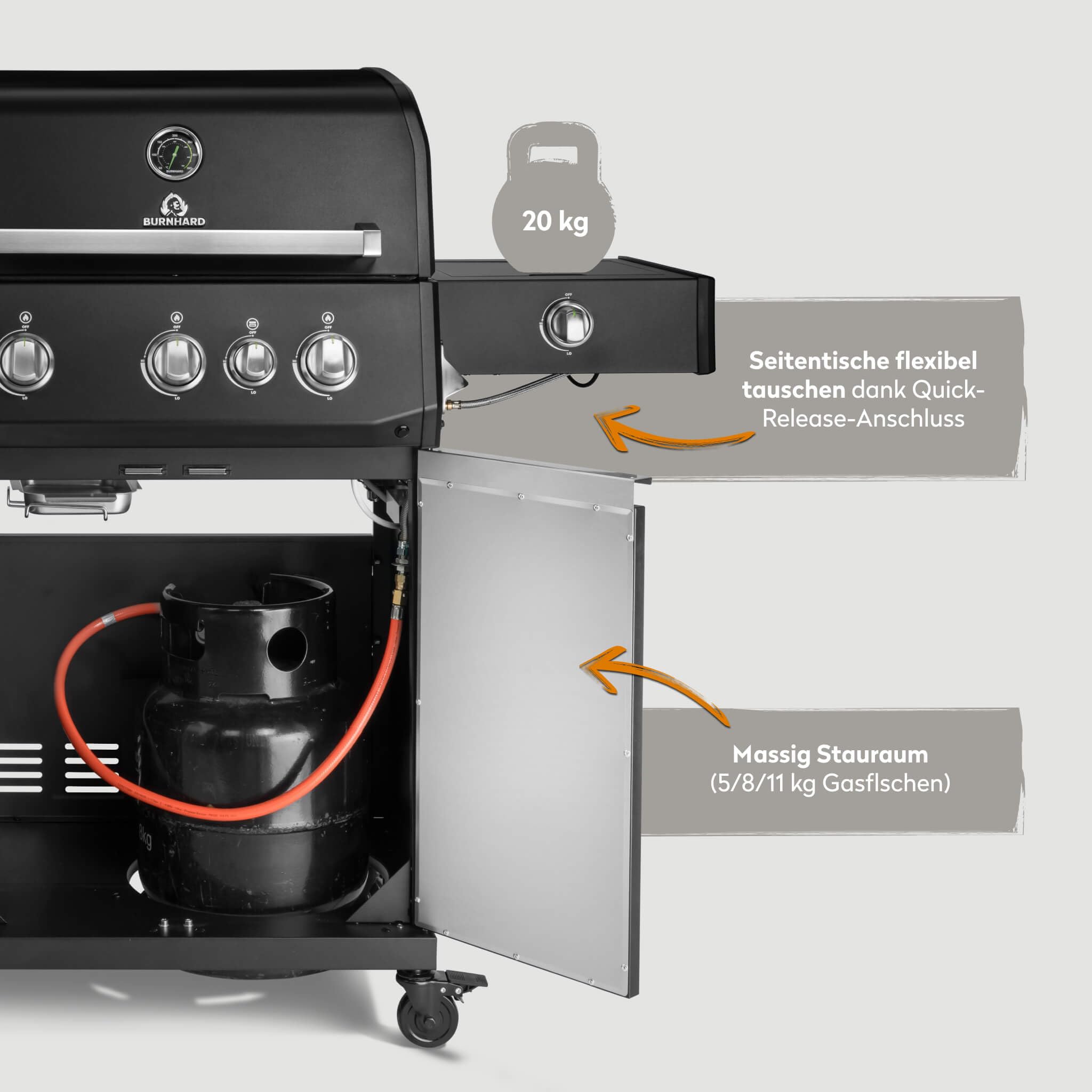 BURNHARD® Gasgrill 3-Brenner 2x Edelstahl-Stabbrenner 3,75 kW, 1x Infrarot-Keramikbrenner 3,75 kW, Gussrost, Piezo-Zündung – FRED Deluxe