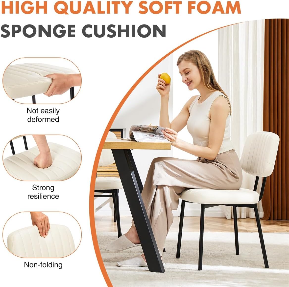 Dining Chairs Set of 2, Mid Century Modern Upholstered Kitchen Chair with PU Leather Cushion Seat & Metal Legs for Home/Living Room/Bedroom/Office-White