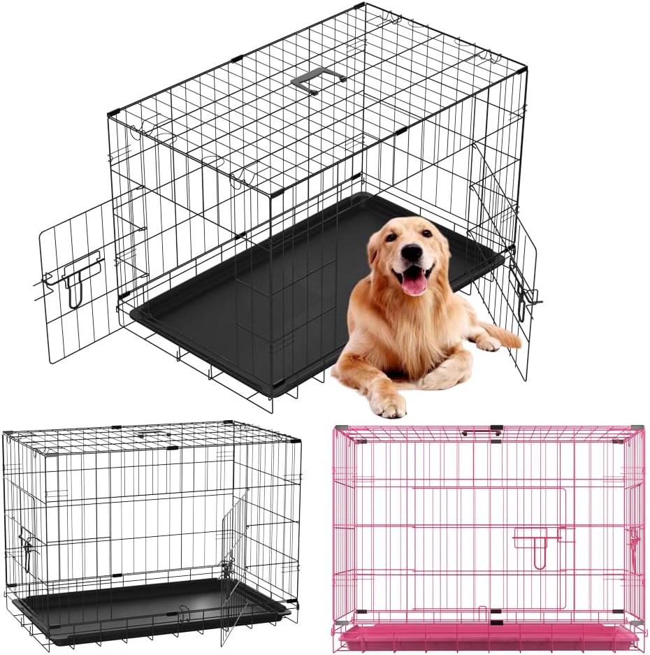 Panana Dog Pet Crate,Metal Dog Cage with 2 Doors (Front & Side),Folding