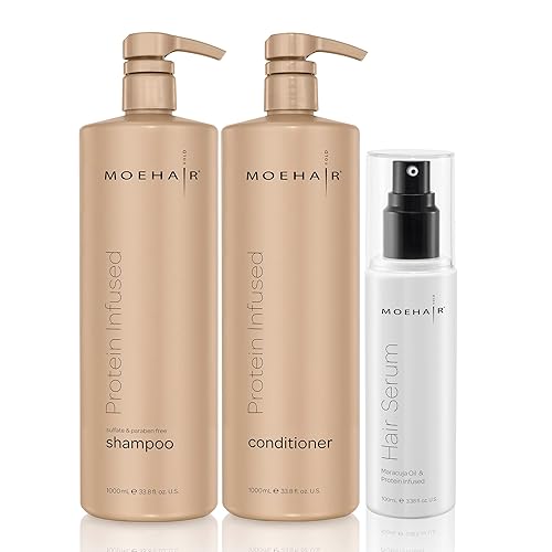 MOEHAIR TRIO Pack de champú, acondicionador y suero para el cabello con infusión de proteínas, fortalece, hidrata, nutre, añade brillo y retiene la