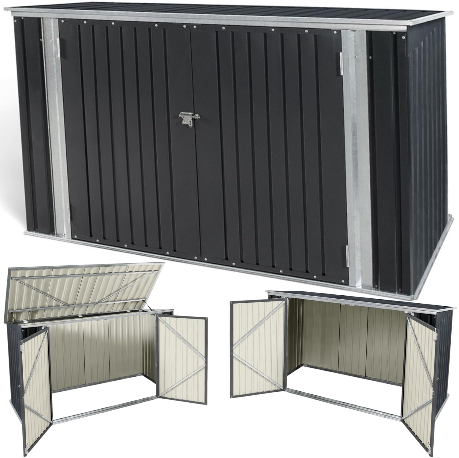 Gartenhaus mit Doppeltür, Aufbewahrungsbox aus grauem verzinktem Stahl, Metallbox für Fahrräder und Werkzeuge, Mülltonnenabdeckung mit Schiebedach, 210 x 130 x 105 cm