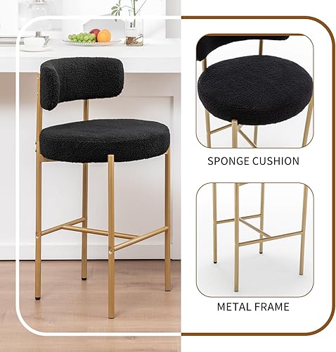 Miniatura 5 de Gold Boucle - Juego de 4 taburetes de bar modernos de 26 pulgadas con respaldo, taburetes de bar tapizados negros para isla de cocina, bar, cafetería