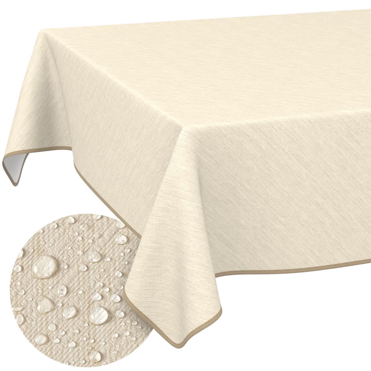 Washable Oilcloth Tablecloth Garden Tablecloth Linen Look Easy Care Water-Repellent 160 x 140 cm (Rectangular) Cream with Hem