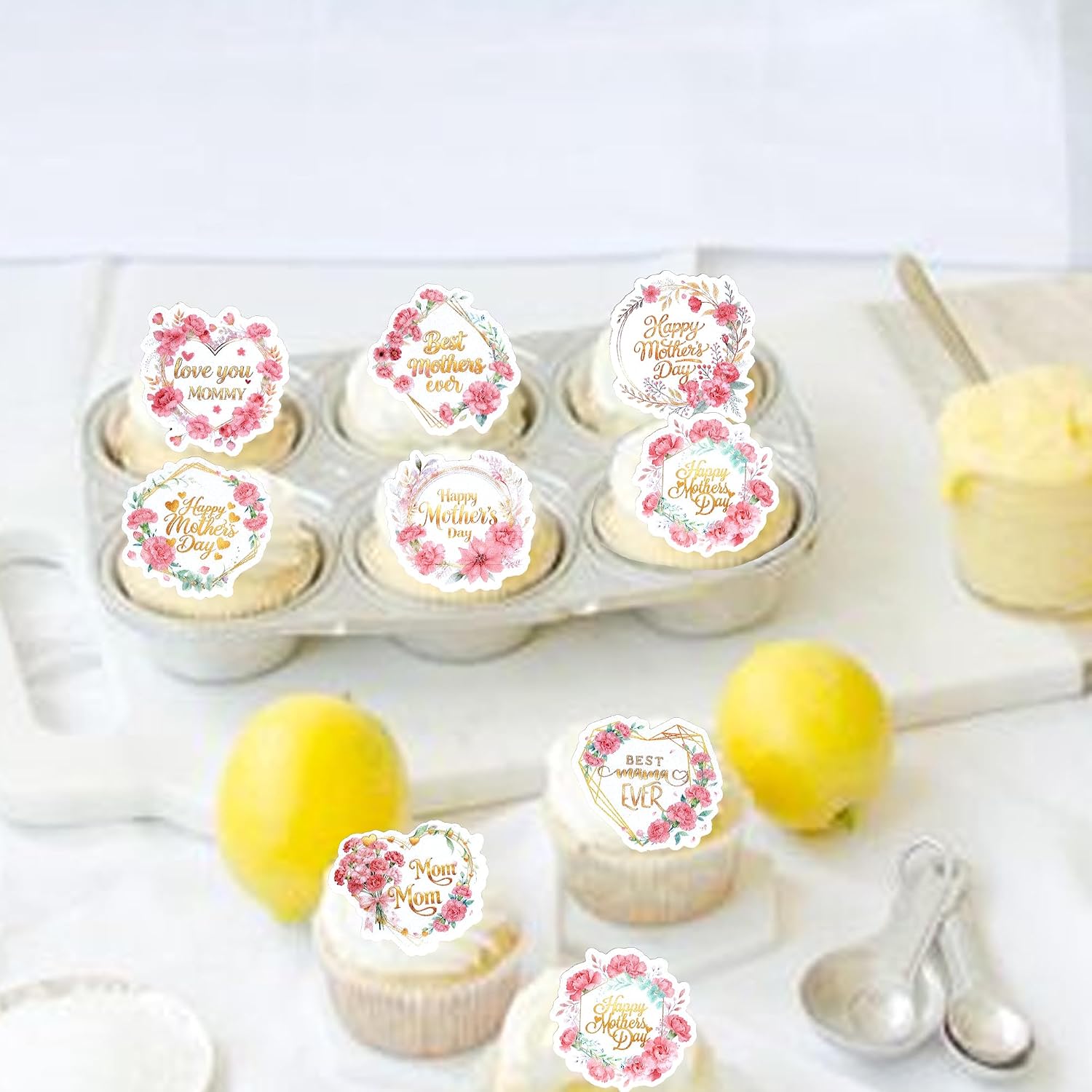 64 PCS Edible Happy Mother's Day Cupcake Toppers Wafer Paper Rose Flowers Love Mom Cake Decorations Edible Best Mother Cupcake Picks for Happy Mother's Day Women Birthday Party Decorations Supplies image 3