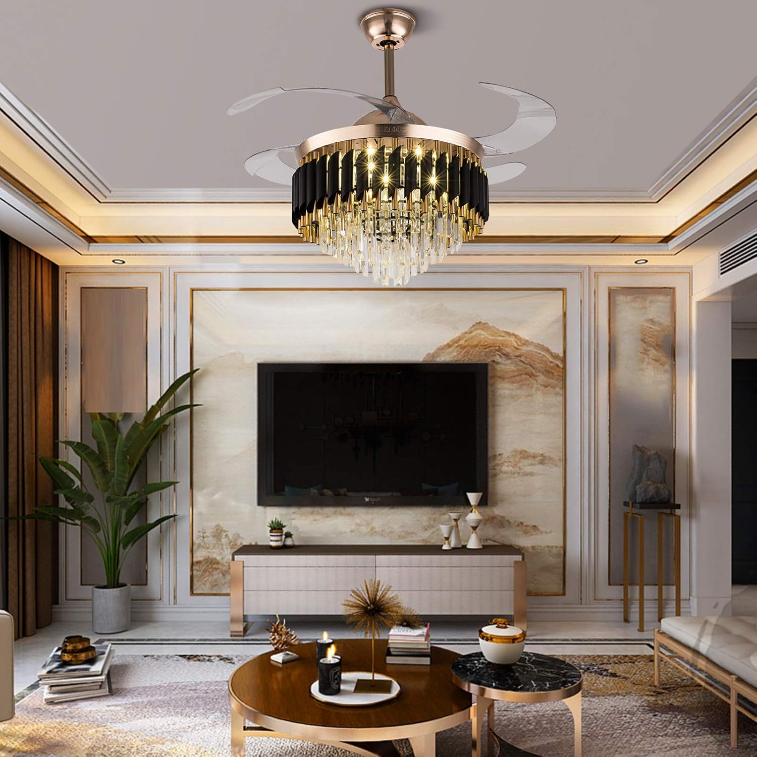42" Modern Creative Design Chandelier Ceiling Fan with LED Lighting,Crystal Chandelier Fan Gold Retractable Ceiling Fan Light,3 Color Setting,6 Gear Speed,for Living Room Bedroom