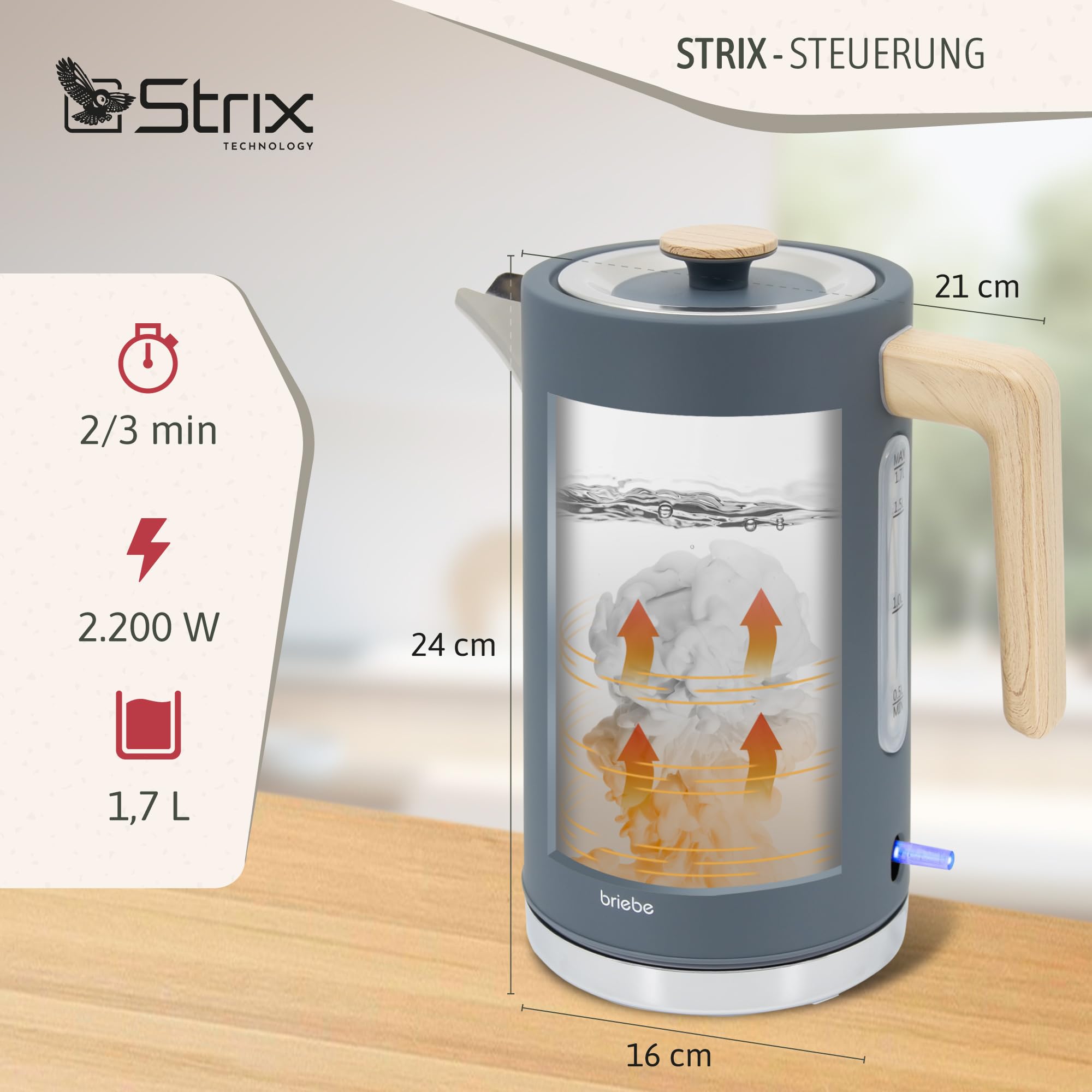 briebe Nordic Set Toaster 2 Scheiben Breite Schlitze Brötchenaufsatz 6 Toast Stufen Wasserkocher 1,7L 2200W BPA-frei Frühstücksset Grau