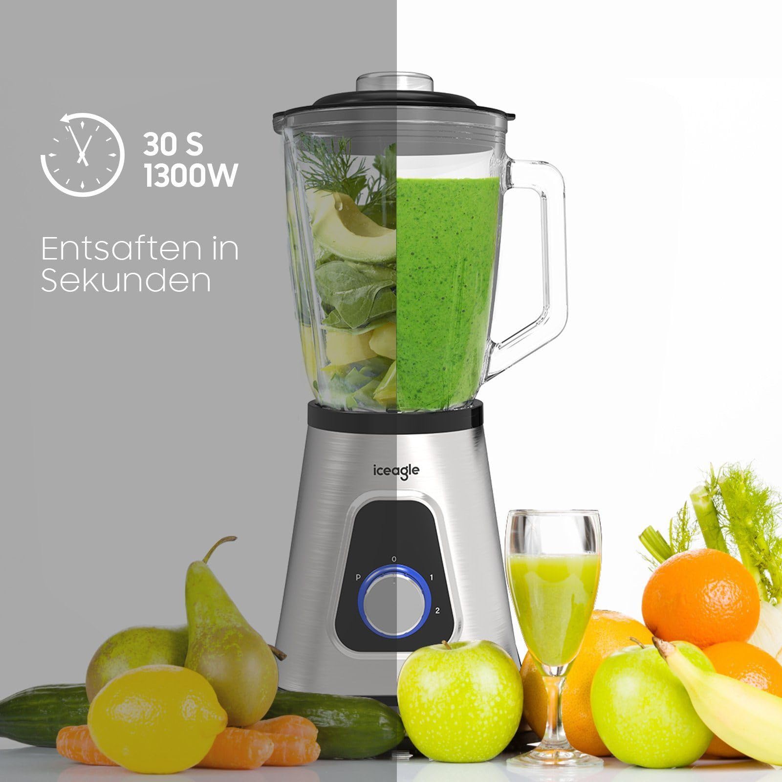 iceagle Mikser stojący Smoothie Maker – blender elektryczny 1300 W | mikser 2 w 1, dzbanek 1,5 l i kubek 600 ml, funkcja Ice-Crush, 2 poziomy prędkości, funkcja pulsu, 22000 obr./min dla gładkiej