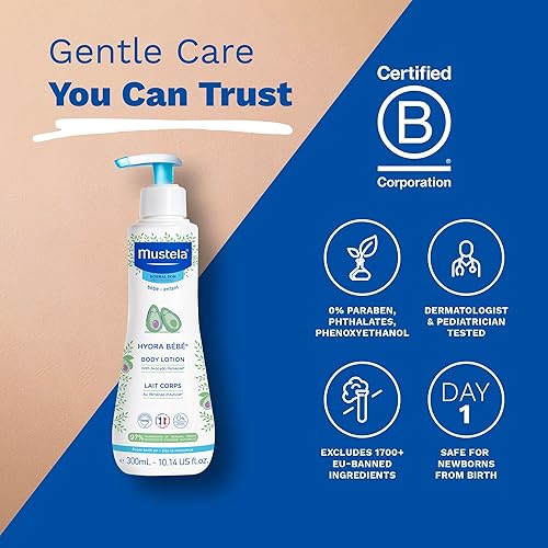 Vista 6 de Mustela Hydra Bebe Loción corporal – Loción hidratante diaria para bebés con aguacate natural, jojoba y aceite de girasol – varios tamaños