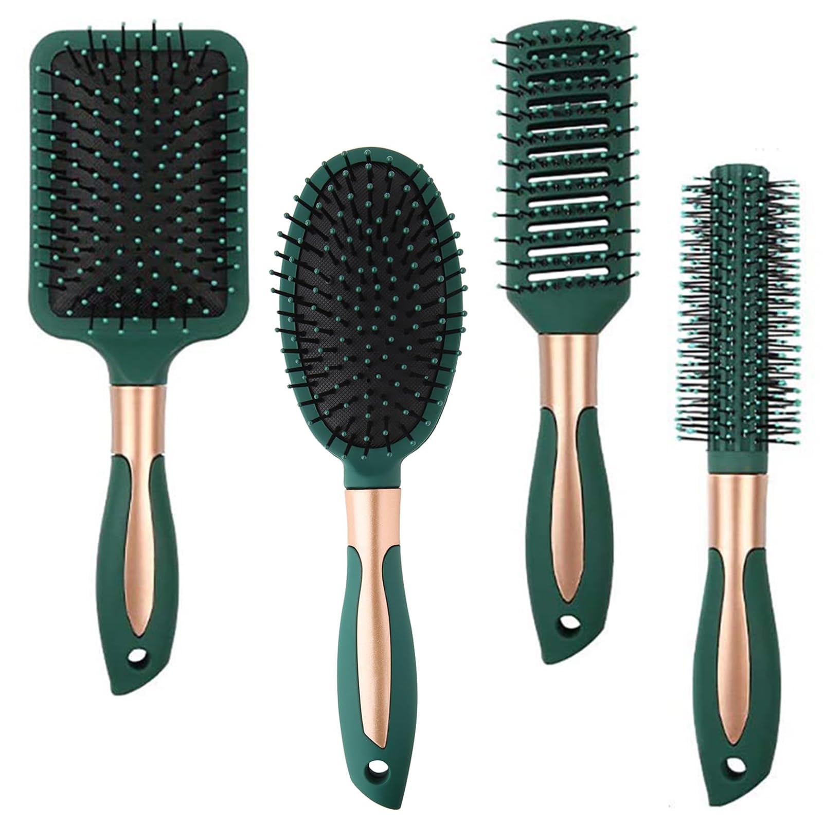 Hair Brush Set ,DDUP 4 PACK Anti Static Massage Oval Comb Round Vent Hair Brush,Detangling Brush ,Paddle Brush for Women Men (Green)
