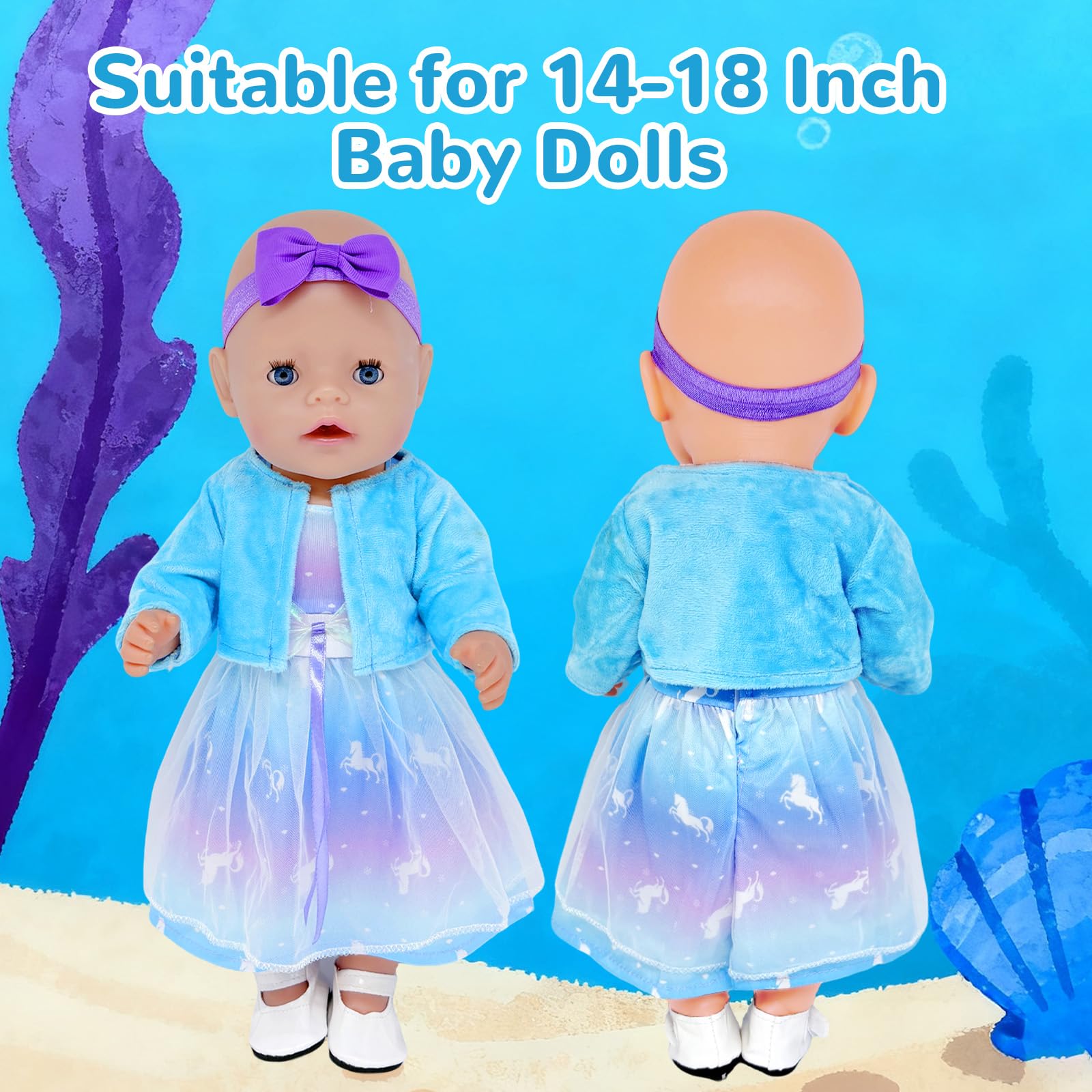 WanderGo Baby Doll Clothes for 35-43 cm Dolls, 5-Piece Outfit Including Dresses, Jackets, Shoes, Hairband - Image 4