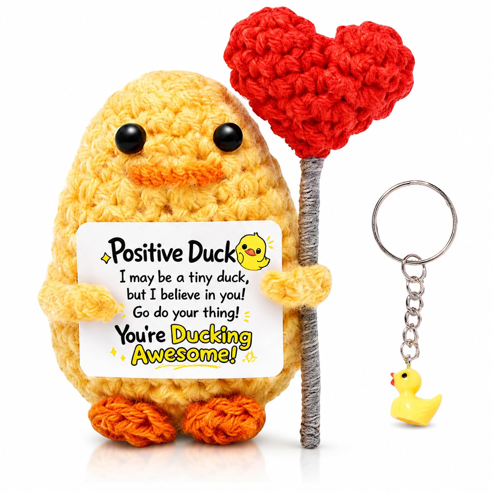 Positive Duck Emotional Support Gift with Heart and Keyring, Funny Positive Crochet Animals for Friend Classmate Kids, Mini Cute Stuff Motivational Gifts for Encouragement, Positivity Gifts for Family