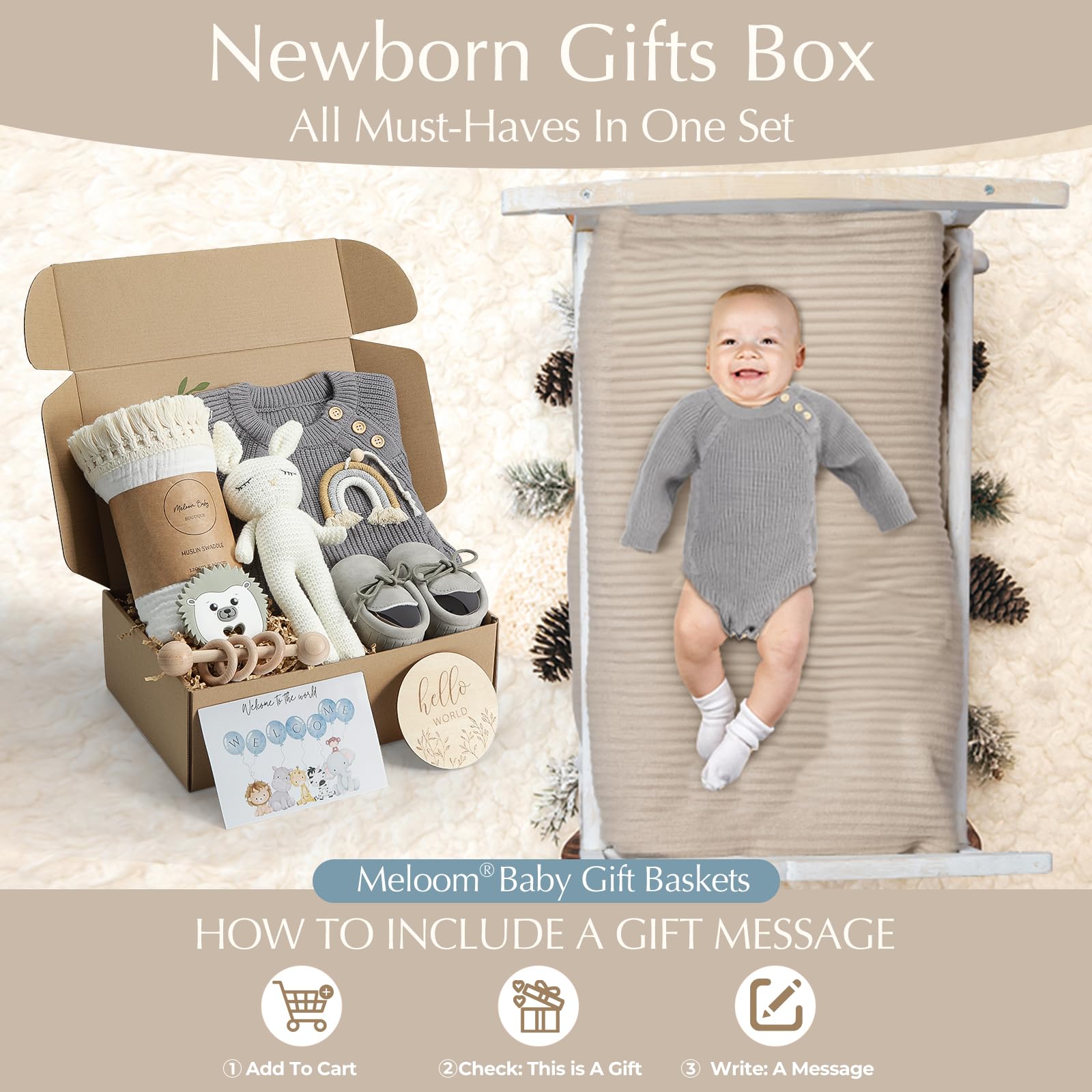 meloom Juego de regalo para bebé recién nacido, bohemio, género neutro, unisex, artículos esenciales, regalos de baby shower para nuevas mamás, regalos de bebé para niños, cesta de bebé
