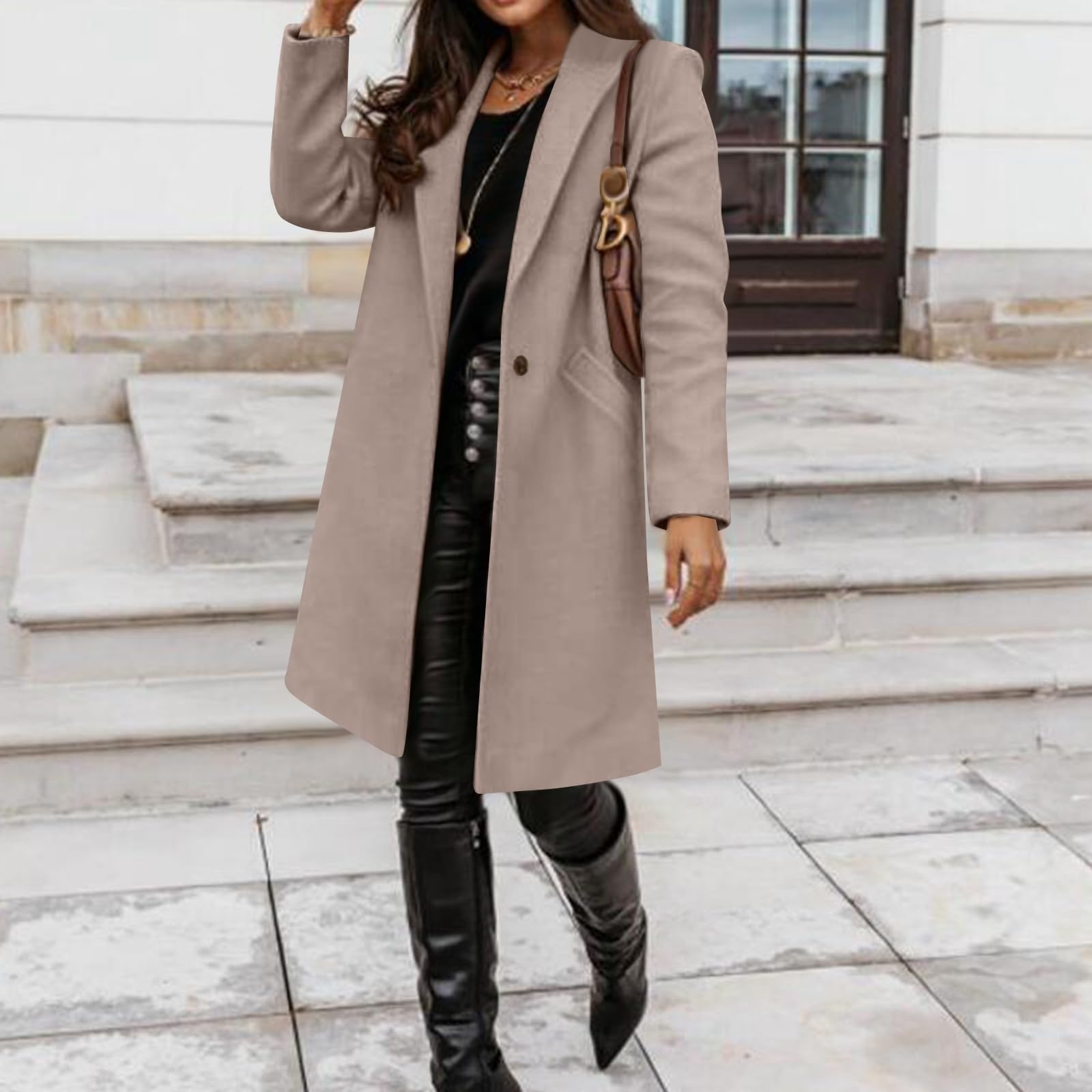 Generisch Wollmantel Damen Winter Mantel Elegant Wintermantel Lang Revers Jacke Langarm Damen-Mäntel Warm Trenchcoat Mit Knöpfen Übergangsjacken Einfarbig Winterjacke Frauen Mit Taschen Wolljacke