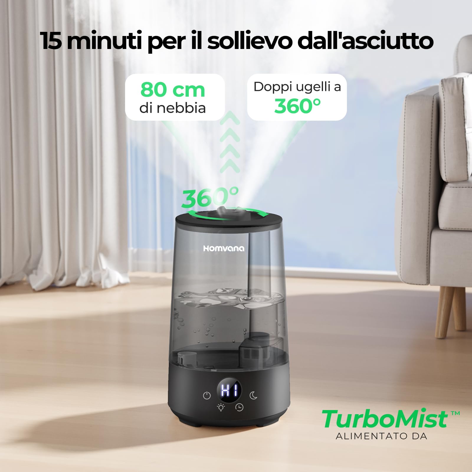 Homvana Umidificatore per camera da letto, 3,6 l, 360 gradi Celsius, 34 ore durevole, silenzioso, 16 dB (SilentSpary Tech), piccolo, umidificatore per piante