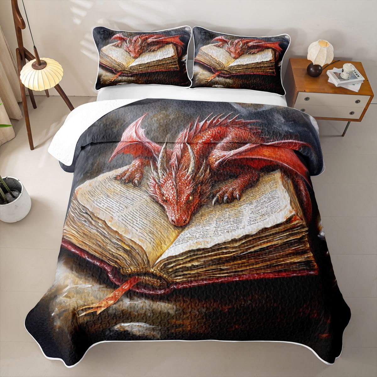 Homewish Western Red Dragon podwójna kołdra zestaw 3-częściowy | Western Animal egzotyczna narzuta na łóżko całoroczne retro książki nadruk narzuta zestaw elegancki styl pikowana pościel