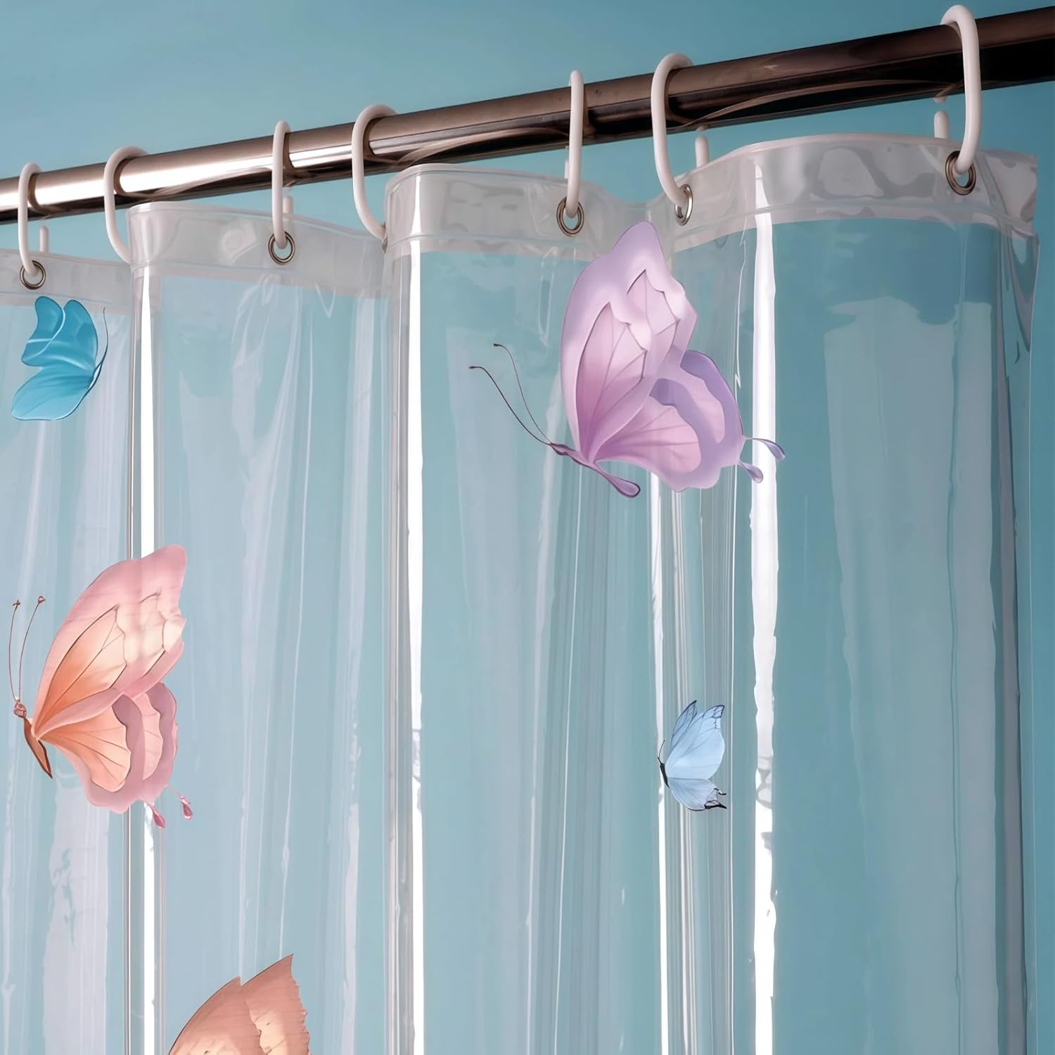 Clear Butterfly Shower Curtain Liner, Colorful Plastic Transparent Pretty Shower Curtains for Bathroom, 72x78 Weighted Magnetic Shower Curtain Set with 12 Hooks