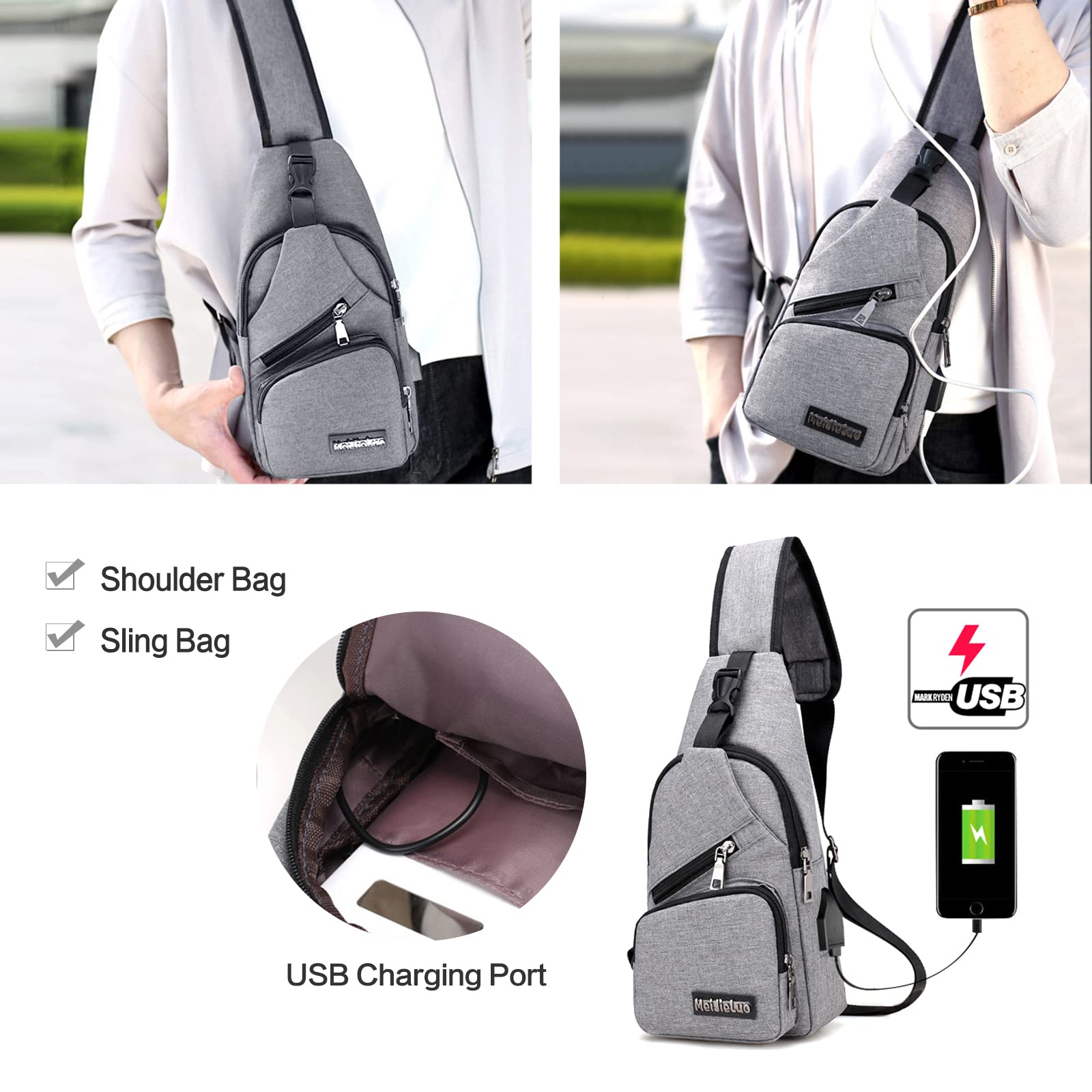 Petit sac à bandoulière pour homme avec port de charge USB, sac de poitrine léger pour randonnée, cyclisme, voyage