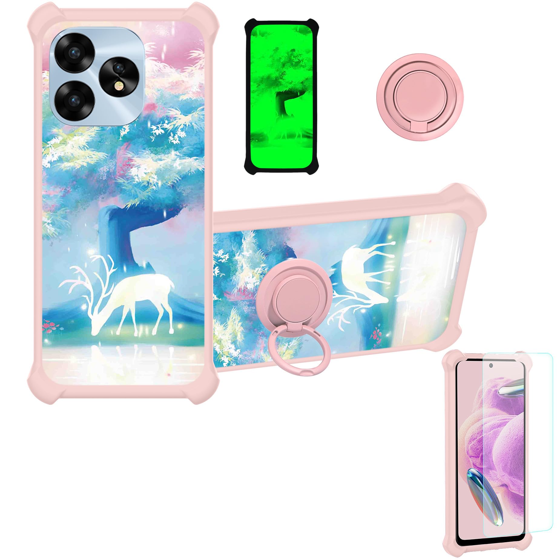 jioeuinly Case Compatible for Umidigi A15t Phone Case Cover [with Tempered Glass Screen Protector][Hard PC + Soft Silicone][Ring Support] [Luminous