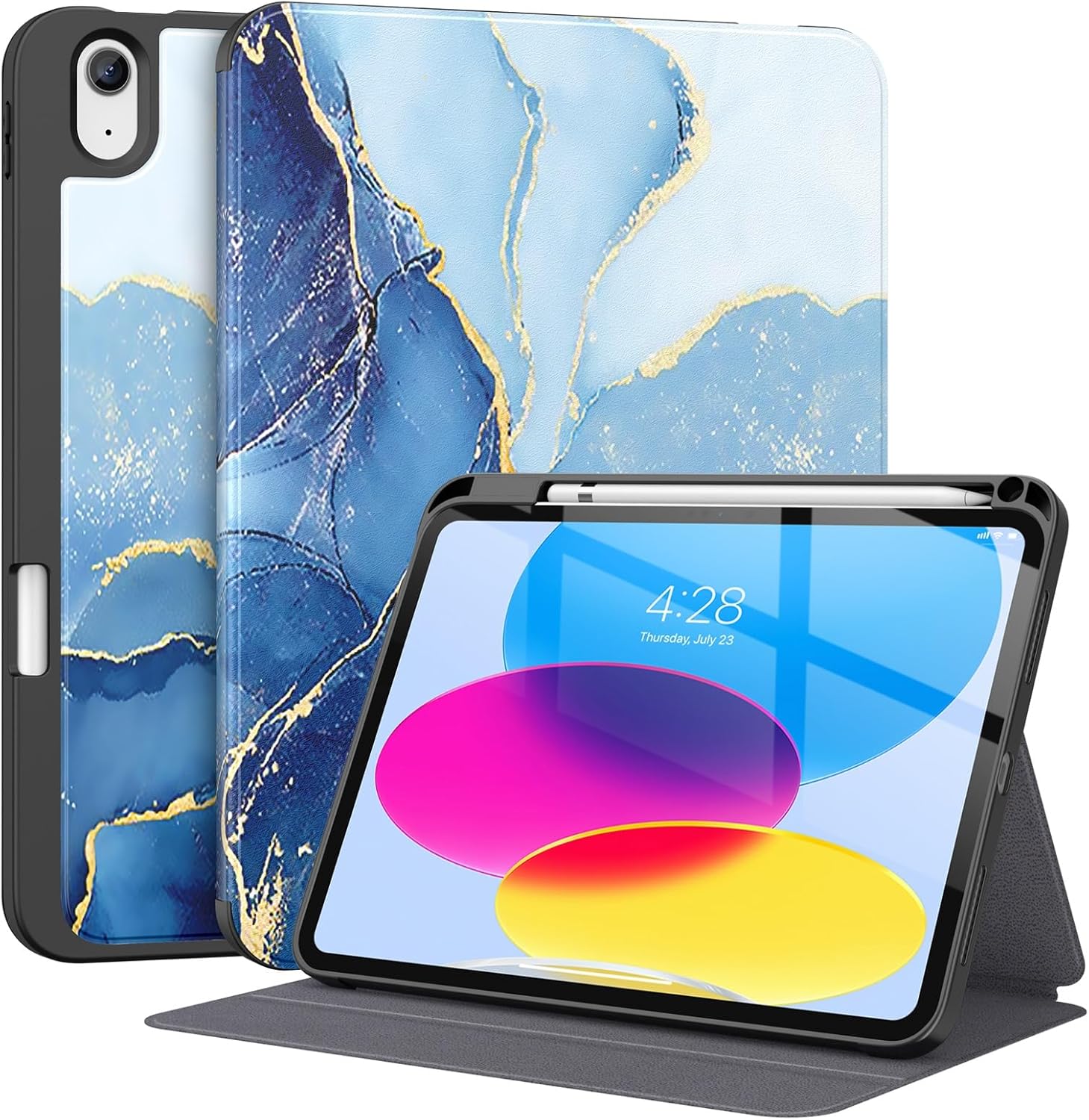 Supveco Case for iPad (A16) 11th Generation 11 inch (2025),iPad 10th Generation 10.9 inch (2022) with Pencil Holder-[Auto Wake/Sleep],Premium Folio Stand Case with Soft TPU Back Cover-Marble Blue