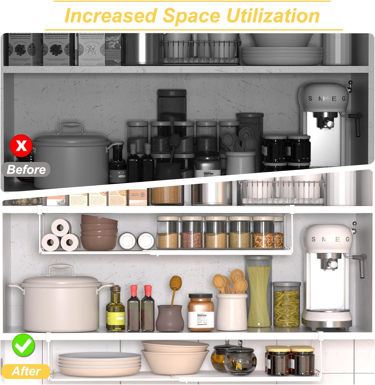 2 Pack Hanging Under Shelf Storage Basket Organizer,Expandable Under Shelf Storage,Metal & White,Heavy Duty Slide-in Storage Baskets,Space Saving for Cabinet,Desk,Pantry,Kitchen