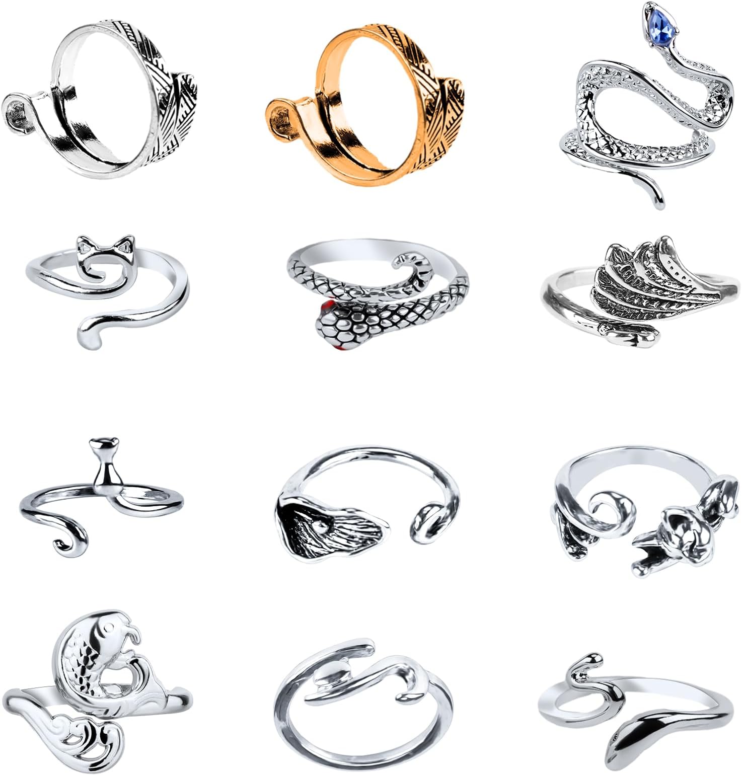 12pcs Knitting Crochet Loop Ring, Adjustable Metal Crochet Yarn Guide Ring Knitting Thimble Finger Holder Fish Cat Snake Design Sewing Tools for Quilting DIY Hand Crafts