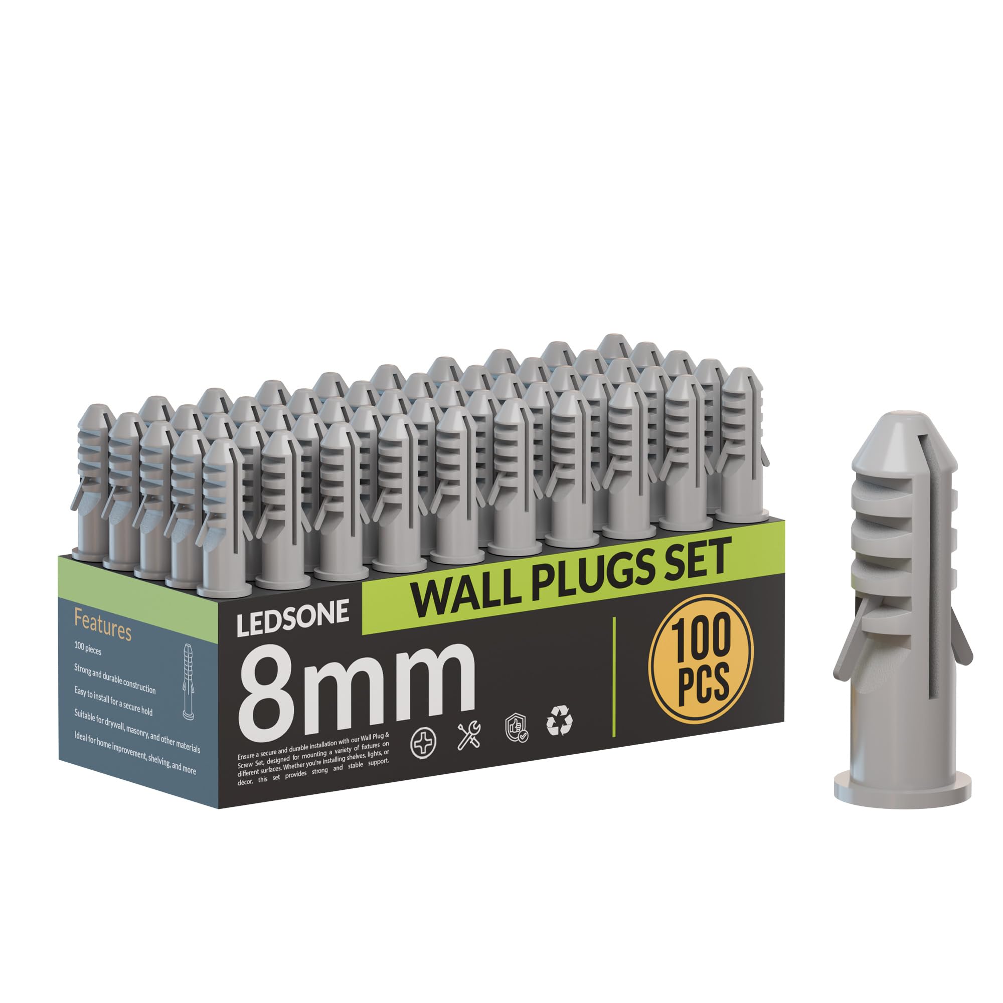 100Pcs Grey Wall Plugs Plasterboard, 8mm Raw Screw Plugs Plastic Fish Type Extension Raw Plugs Fixings for Masonry Effective Mounting of TV's Mirrors Plasterboard Screw