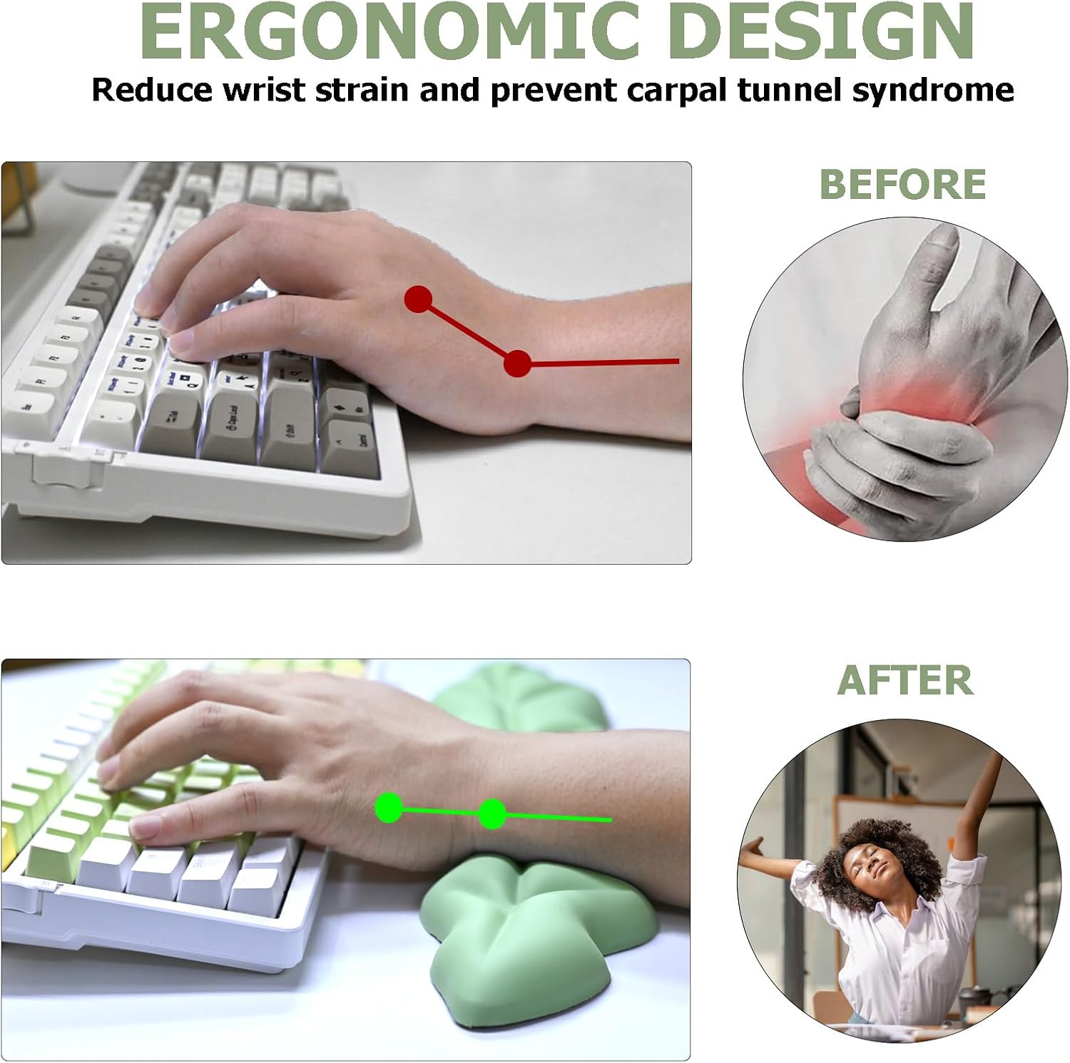 Ergonomic Keyboard Wrist Rest, Leaf Shape PU Leather Memory Foam Wrist Support for Computer Keyboard, Keyboard Pad and Cute Mouse Wrist Pad for Gaming,Office,Computer,Typing Pain Relief, Pastel Green