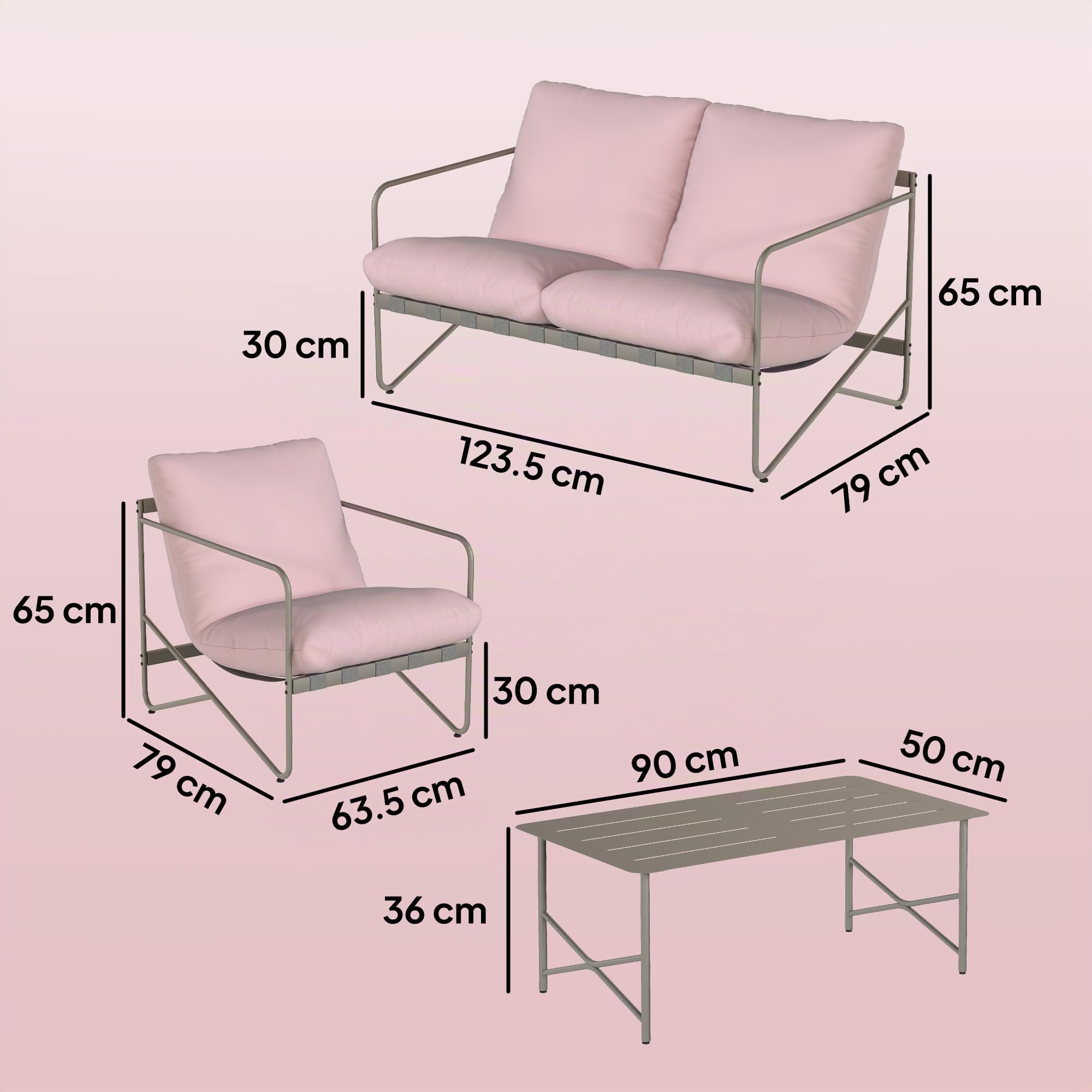 Outsunny Set Salotto da Giardino 4 Pezzi in Metallo con Divano 2 Posti, 2 Poltrone, Tavolino con Piano in Metallo, Cuscini Spessi, Set di Mobili da Giardino Salottino, Rosa